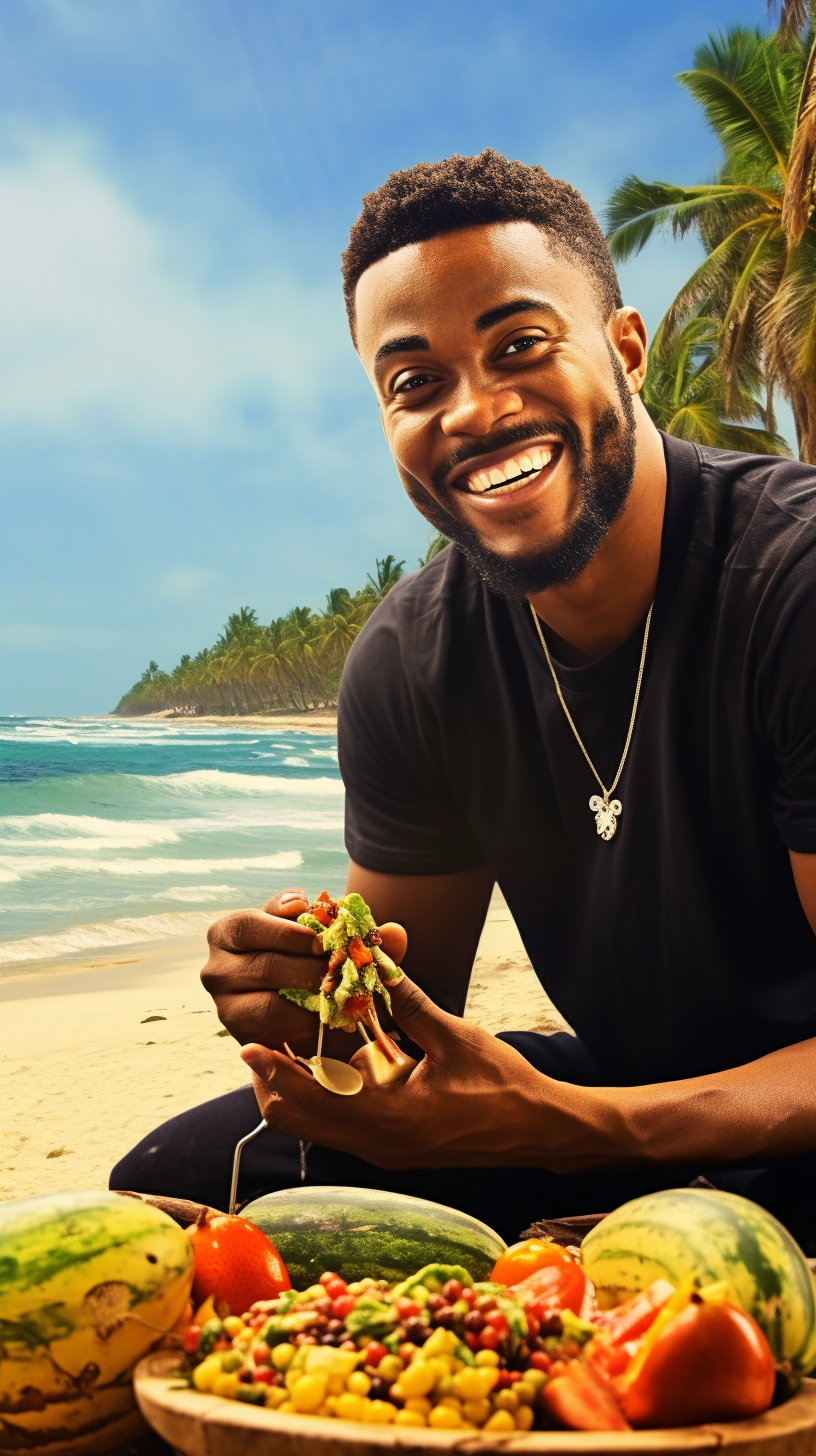 Black man eating fruit on beach