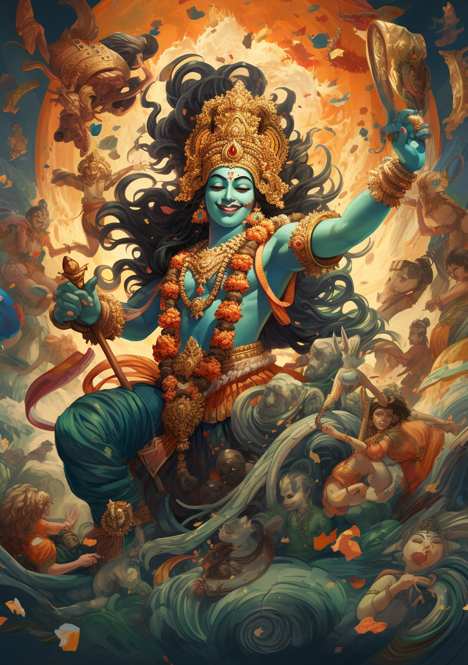 Vibrant Hindu god Rama dancing with joy