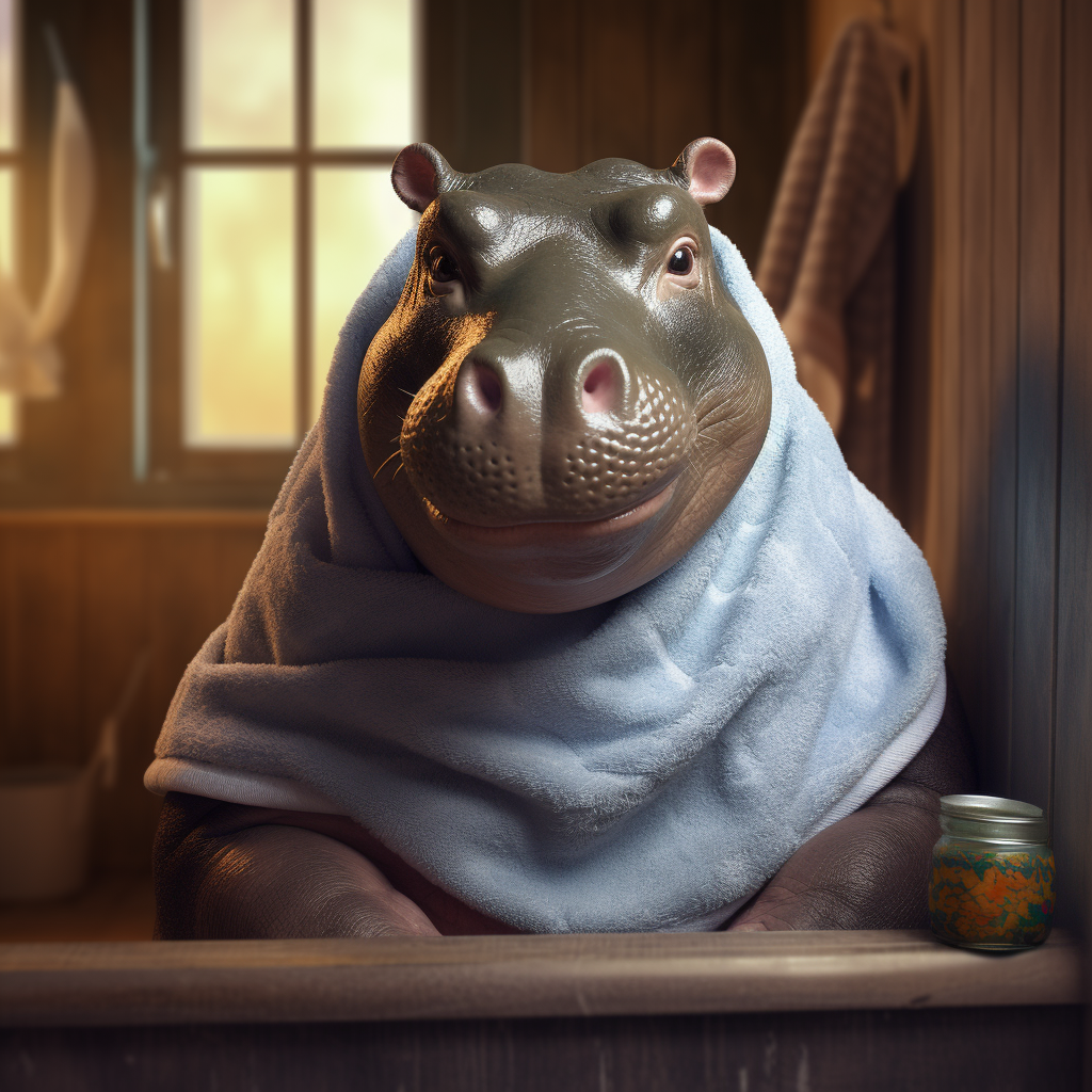 Smiling hippo enjoying sauna time