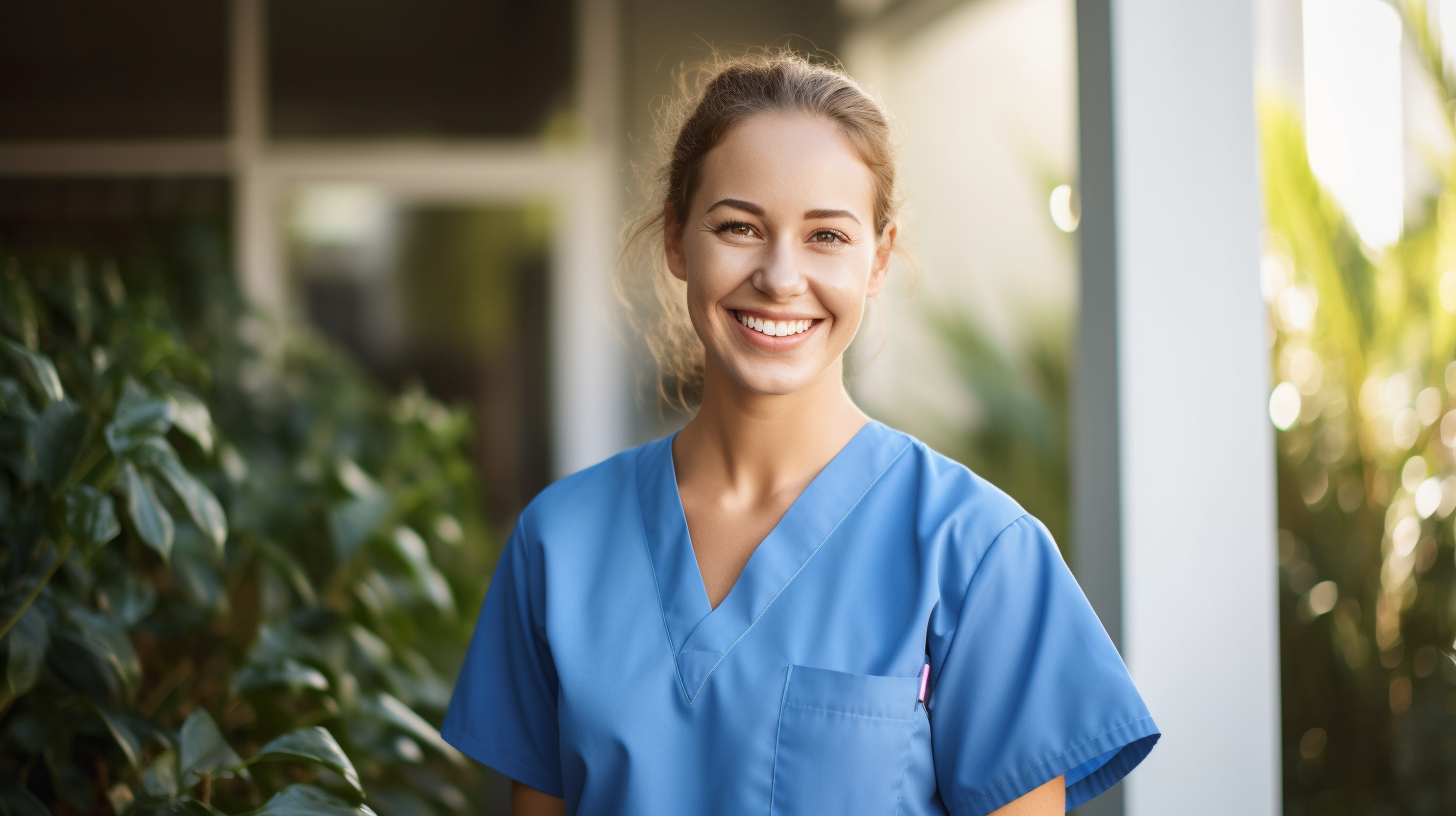 Young nurse in blue scrub smiling