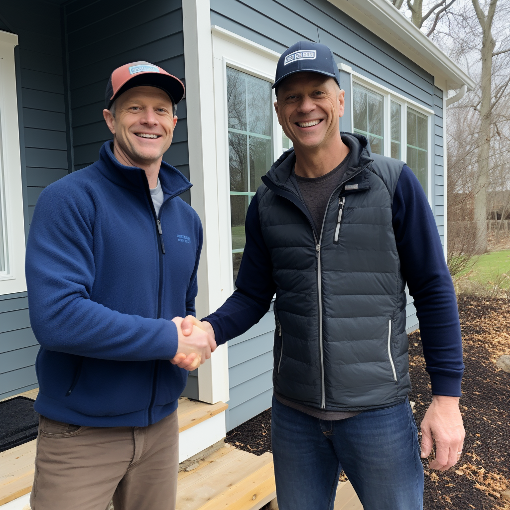 Smiling couple with contractor during window and door replacement