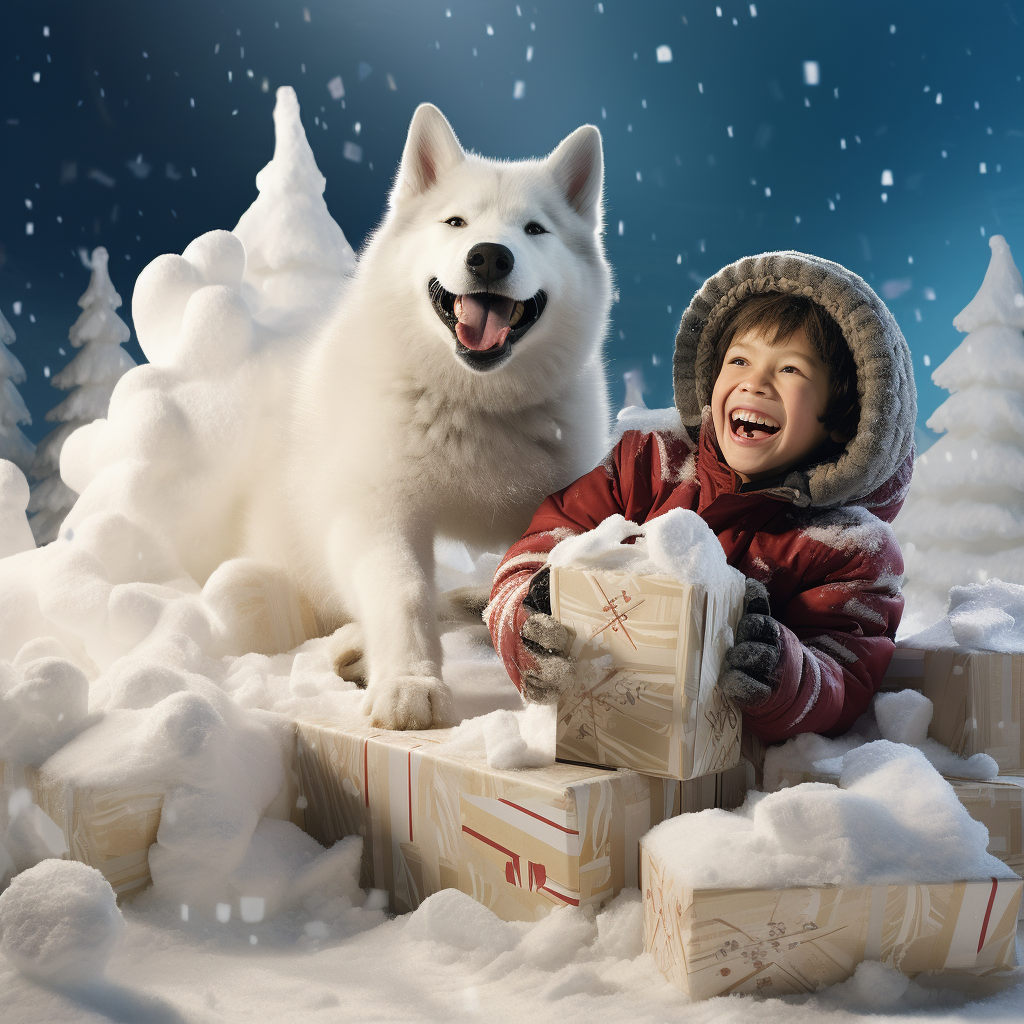 Snow Sculpture of Happy Husky Dog and Boy Playing