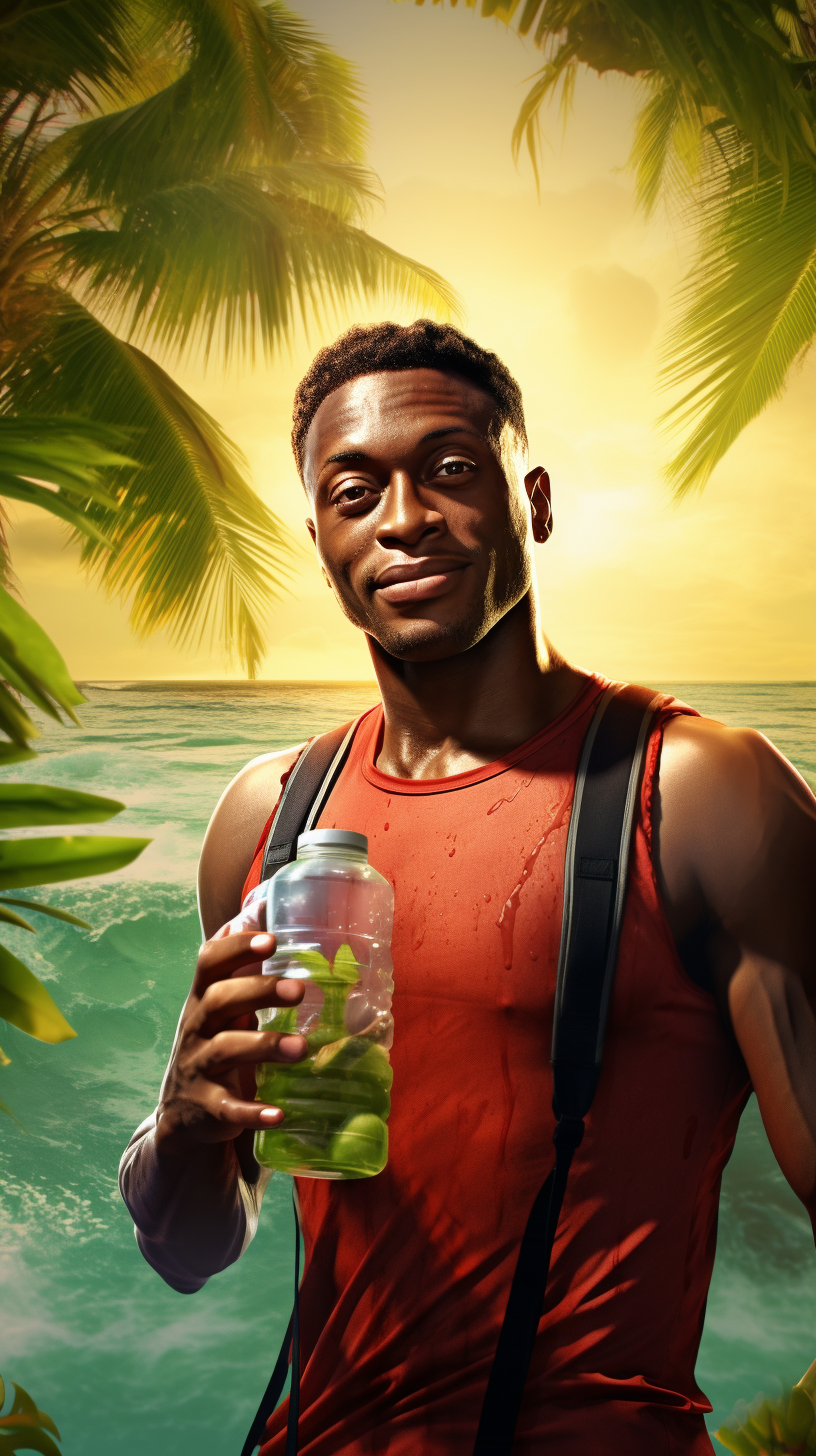 Happy hydrated man in tropical scenery