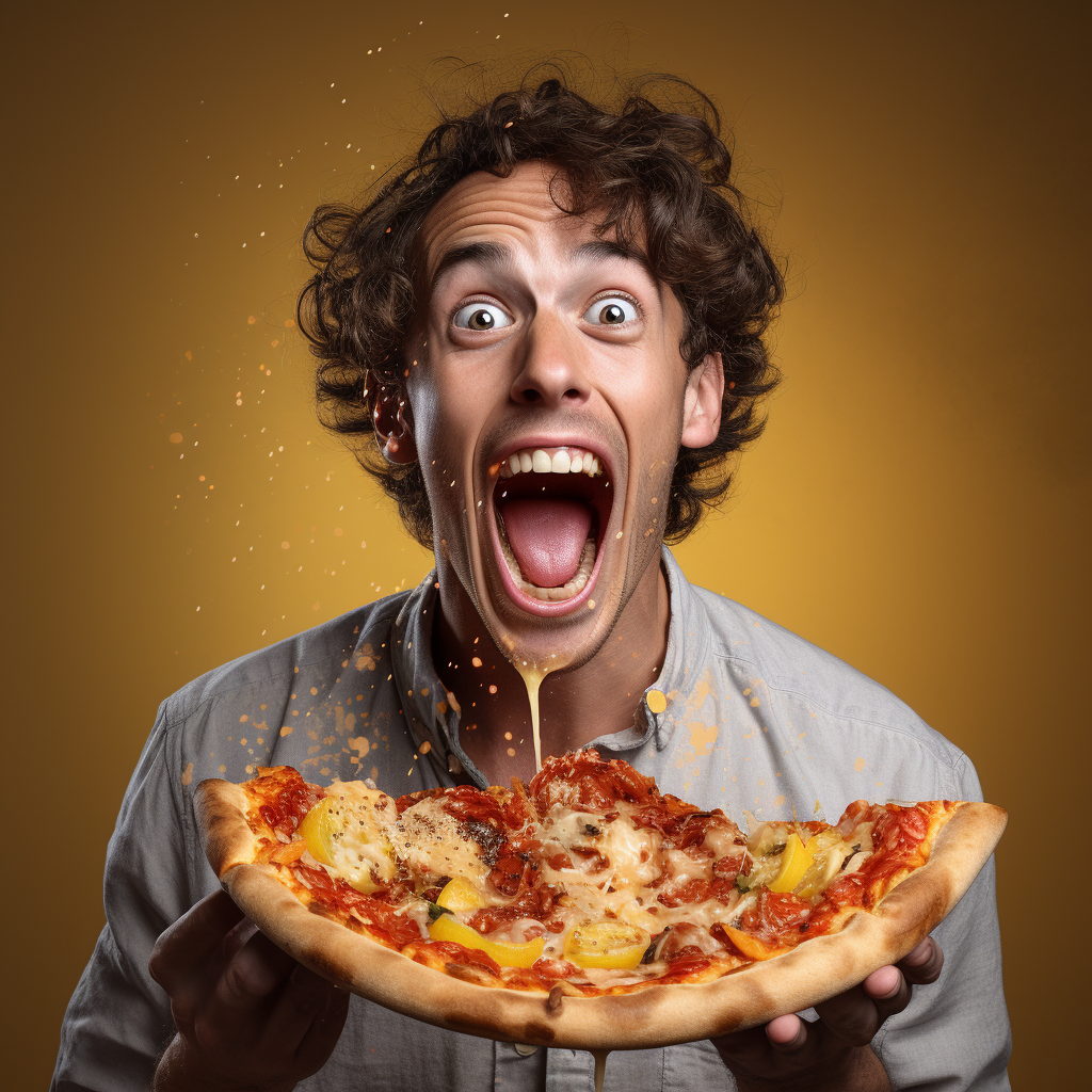 Smiling person enjoying tomato-less pizza