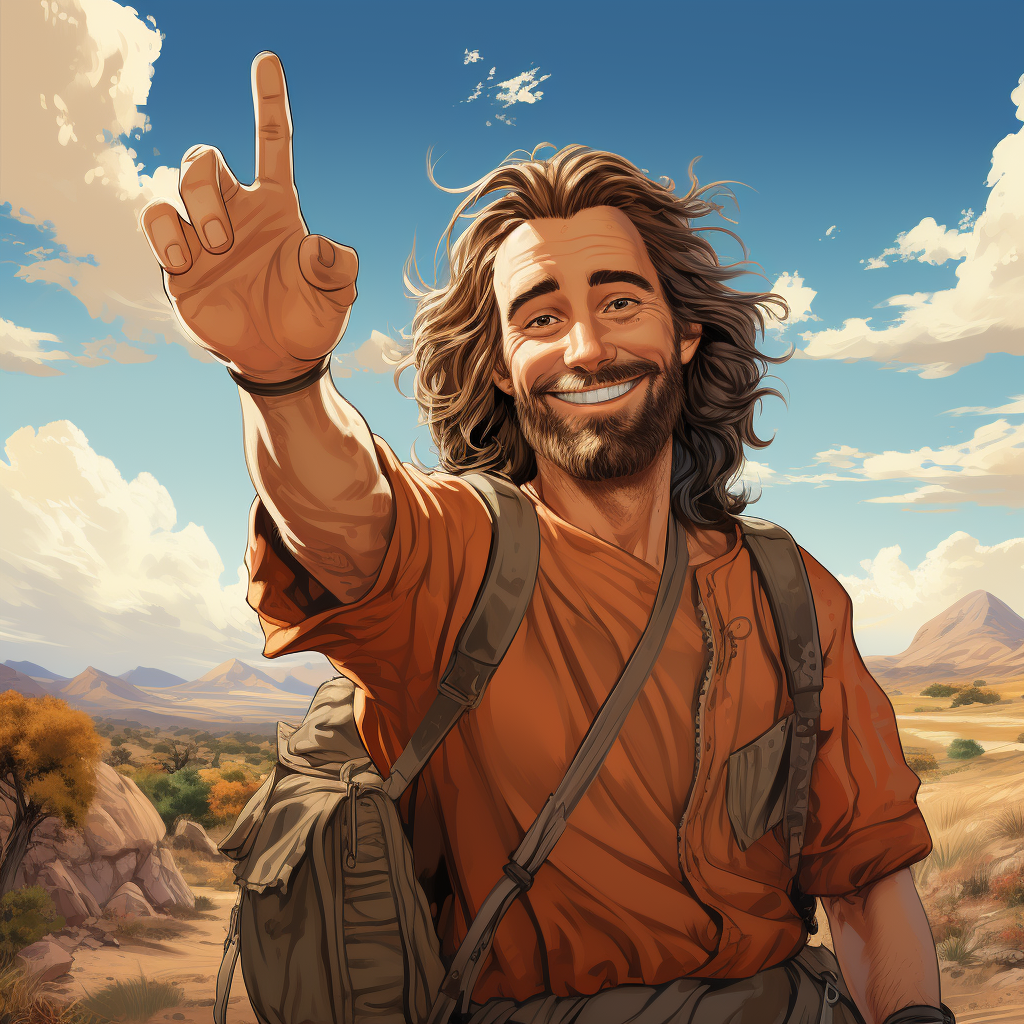 Happy Jesus hitchhiking on the road