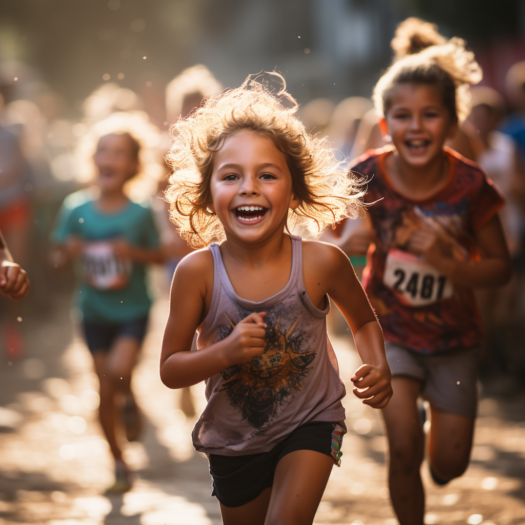 Happy kids crossing the finish line