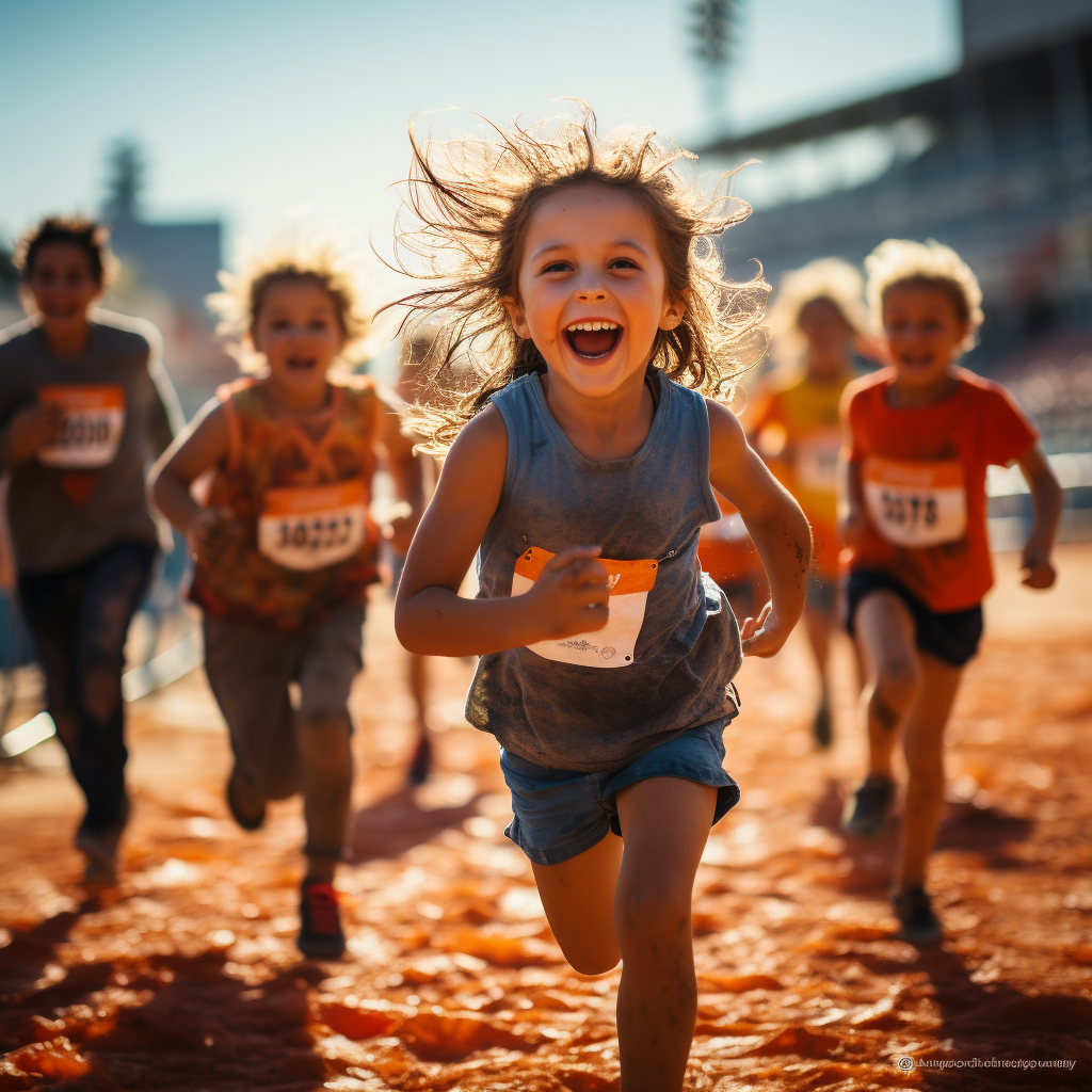 Happy kids racing at the finish line