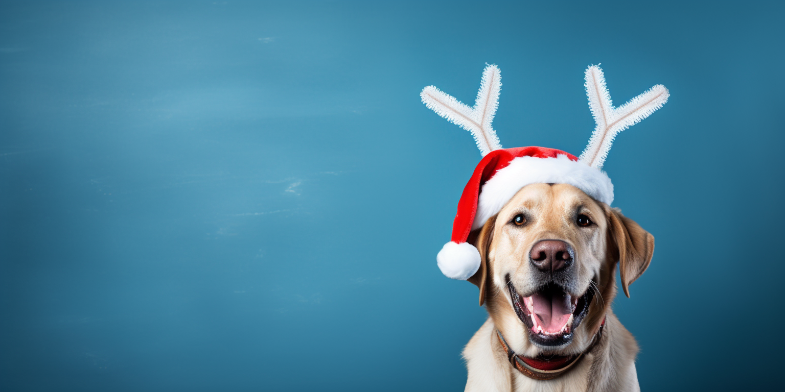 Happy Labrador Retriever in Santa Claus hat and antlers