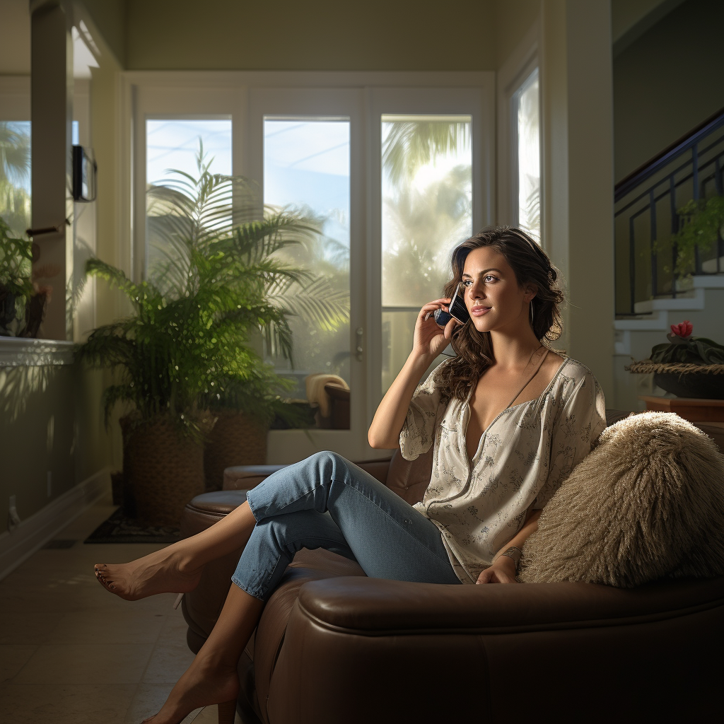 Happy lady talking on phone in living room