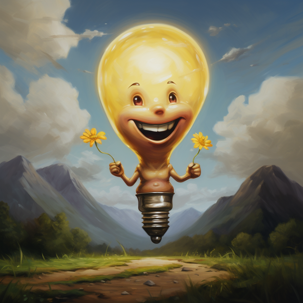 Smiling lightbulb shining with happiness