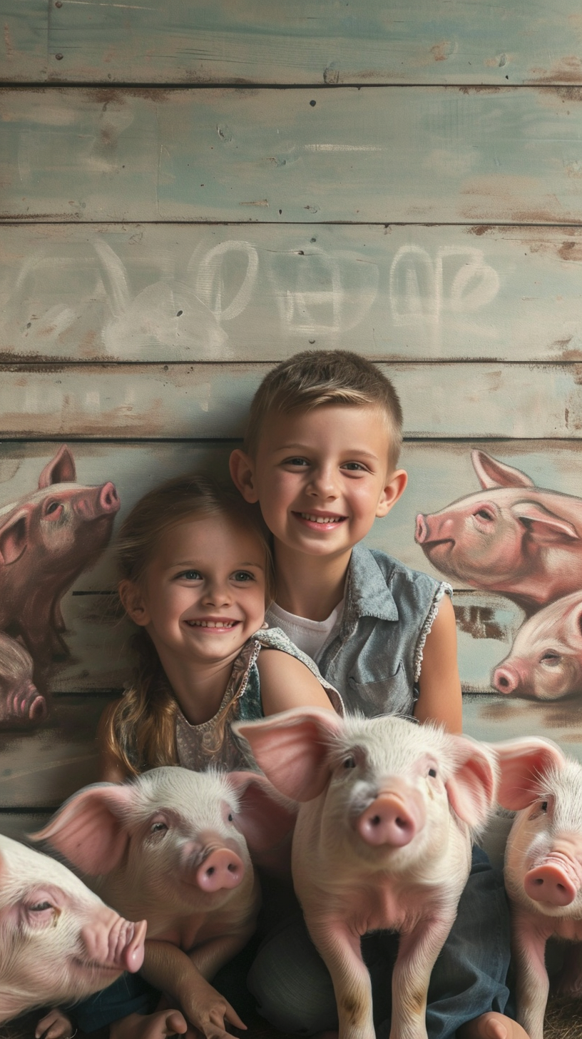 happy children surrounded by pink pigs drawings