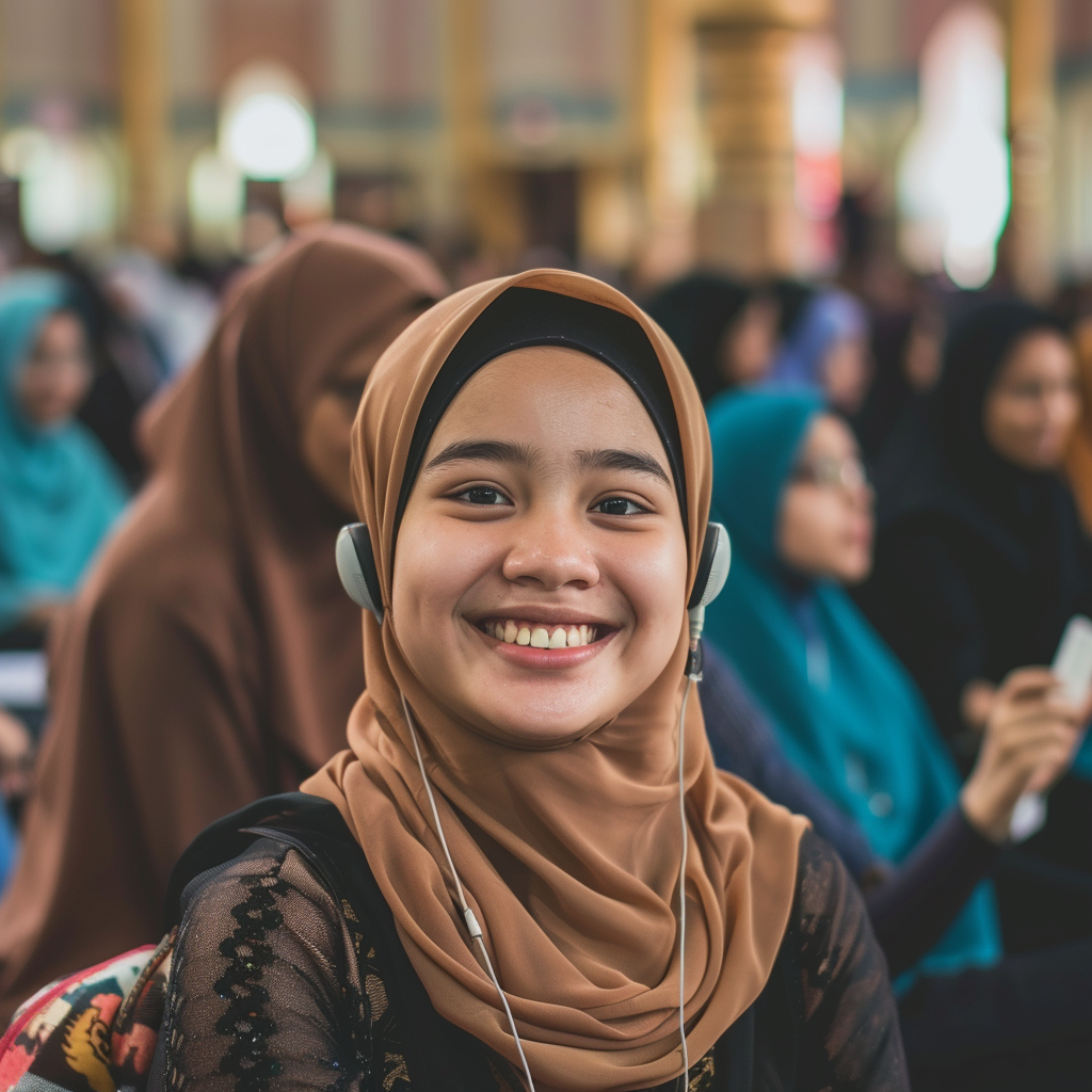 Happy Malay girl listening music