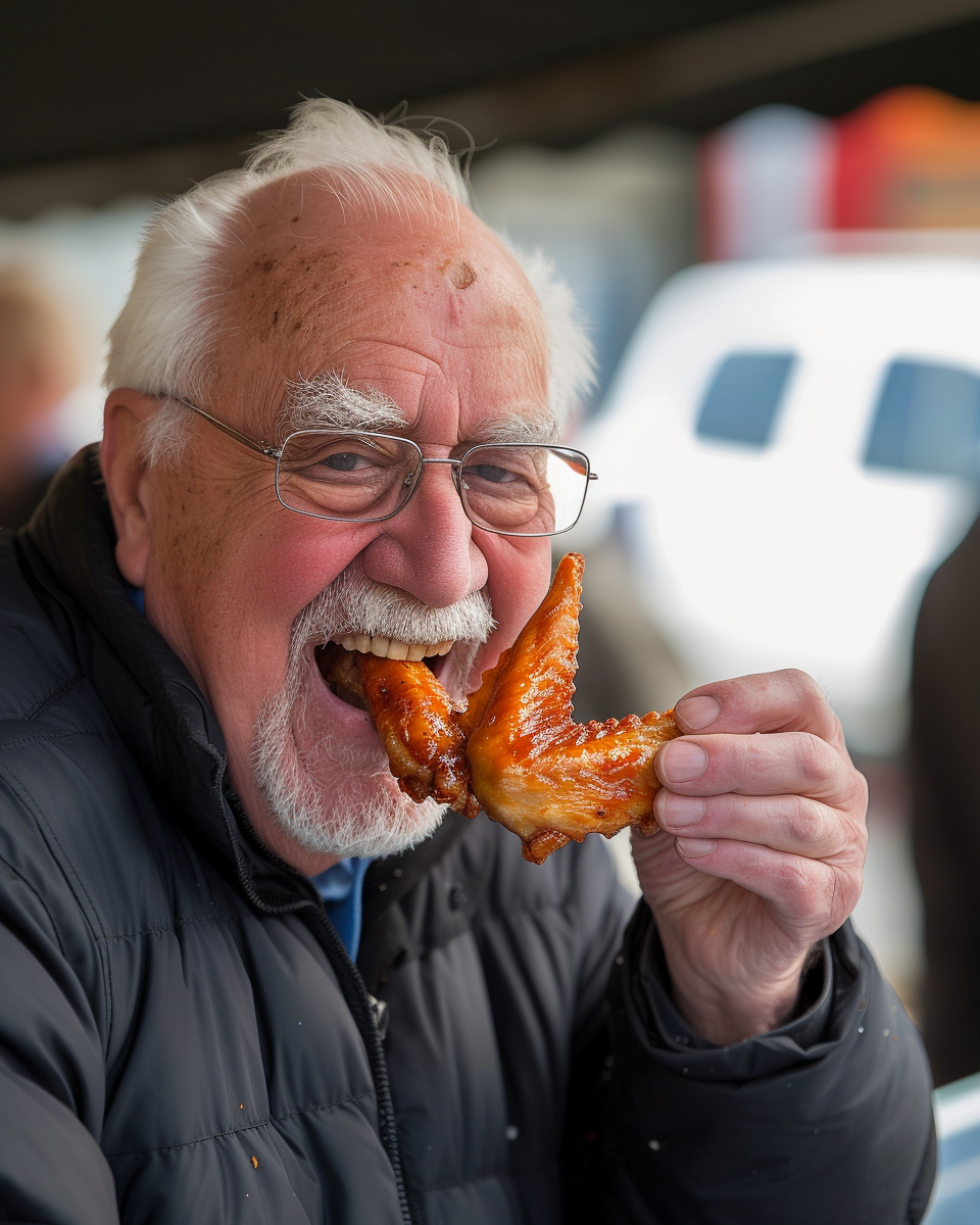 Happy man eating chicken wing