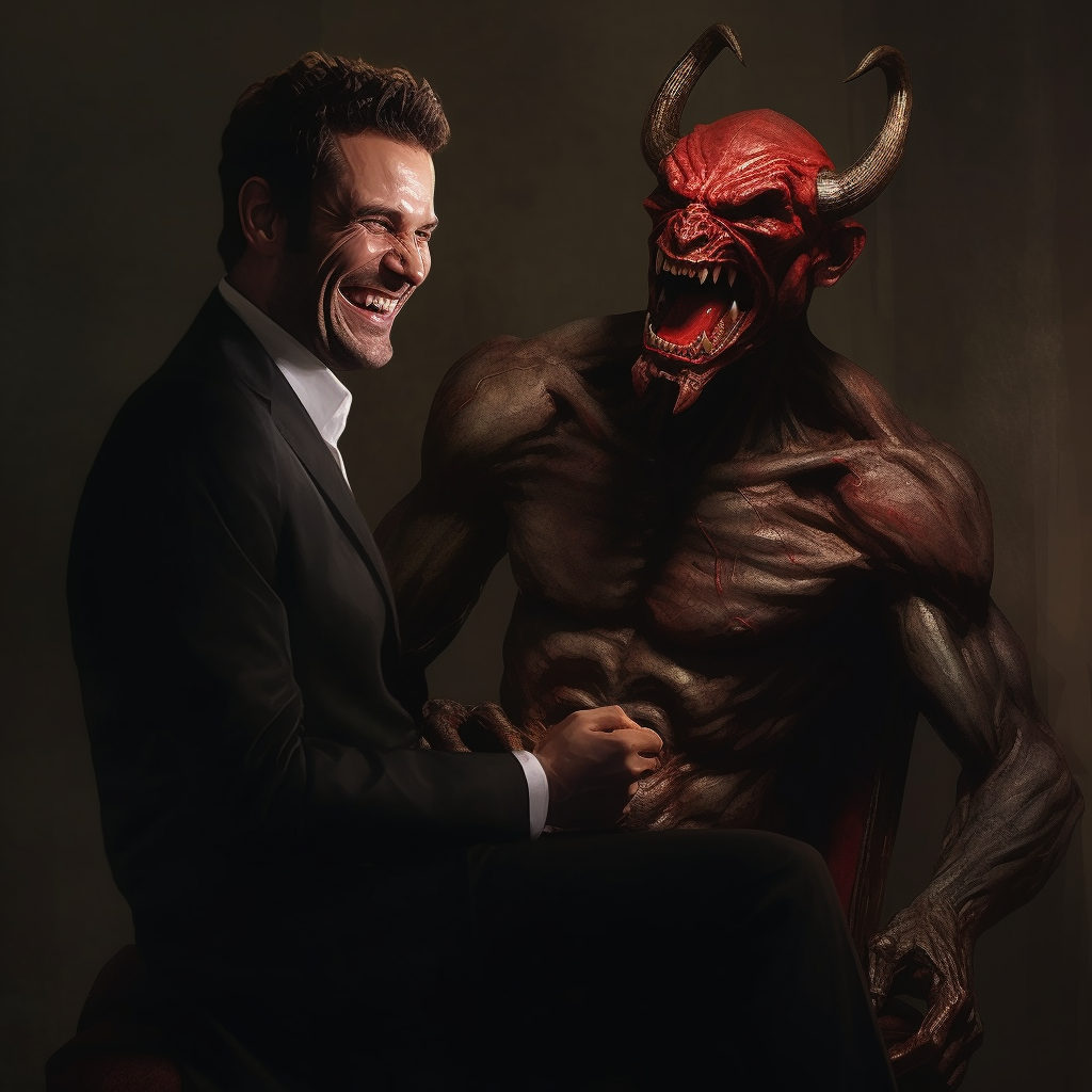 Happy man laughing with devil artwork