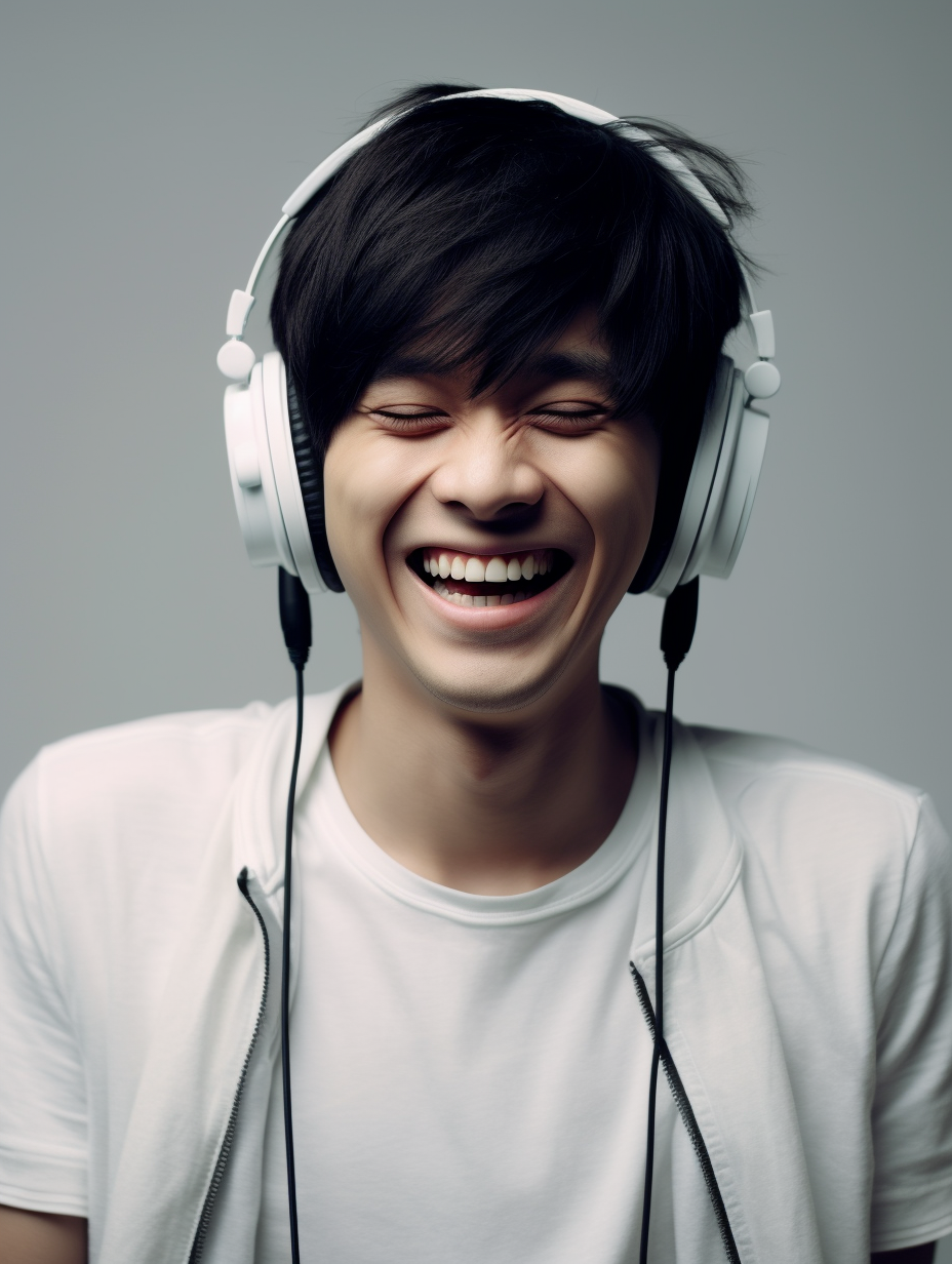 Happy man wearing Sennheiser headphones