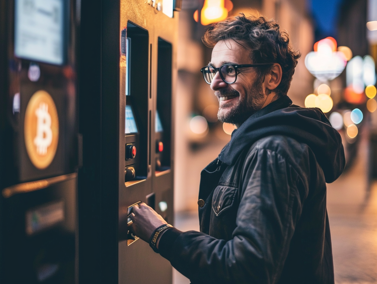 Happy man at Bitcoin machine