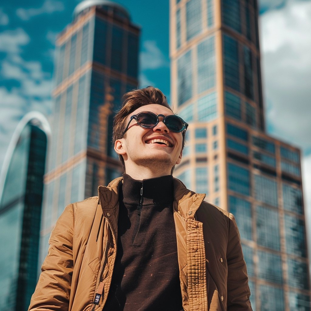 Happy man in sunglasses and jacket