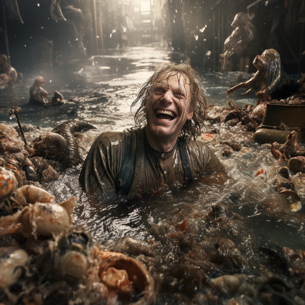 Man swimming in polluted water