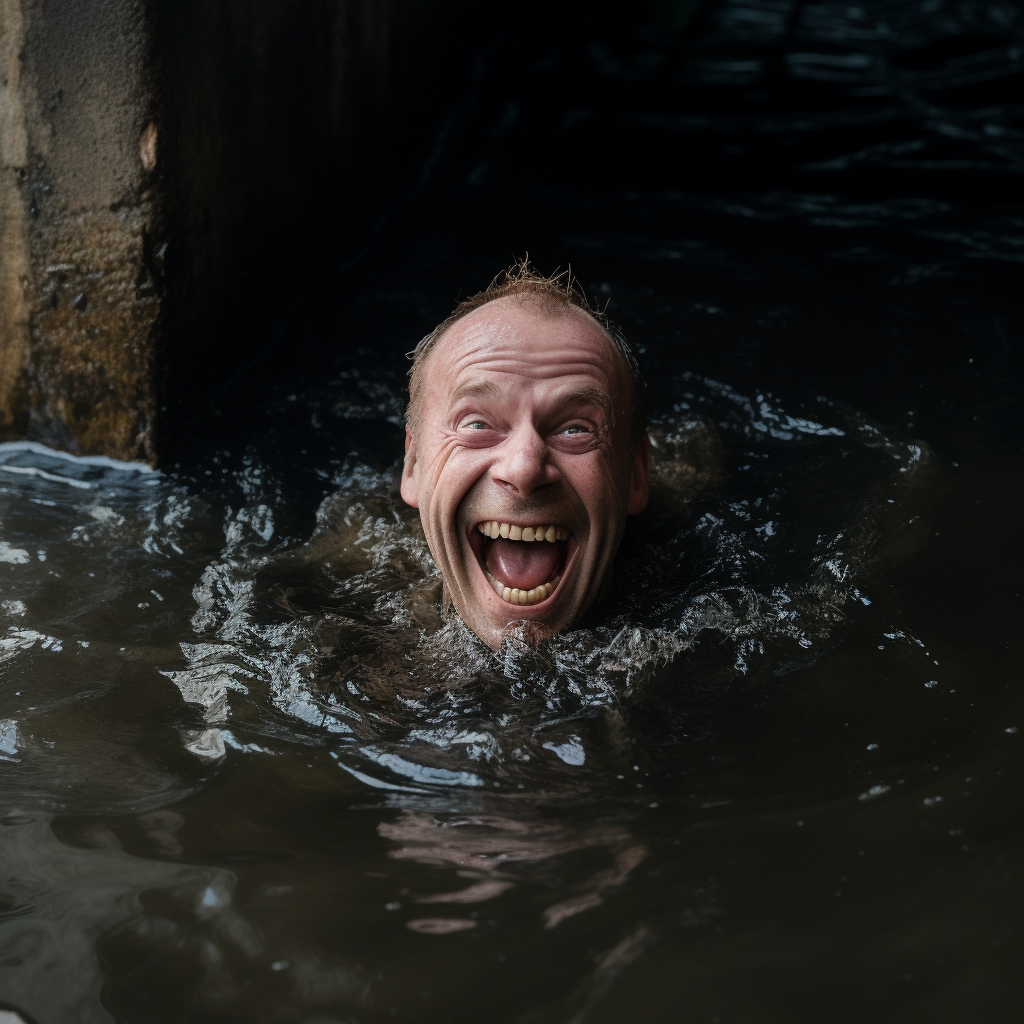 Happy man swimming in sewer