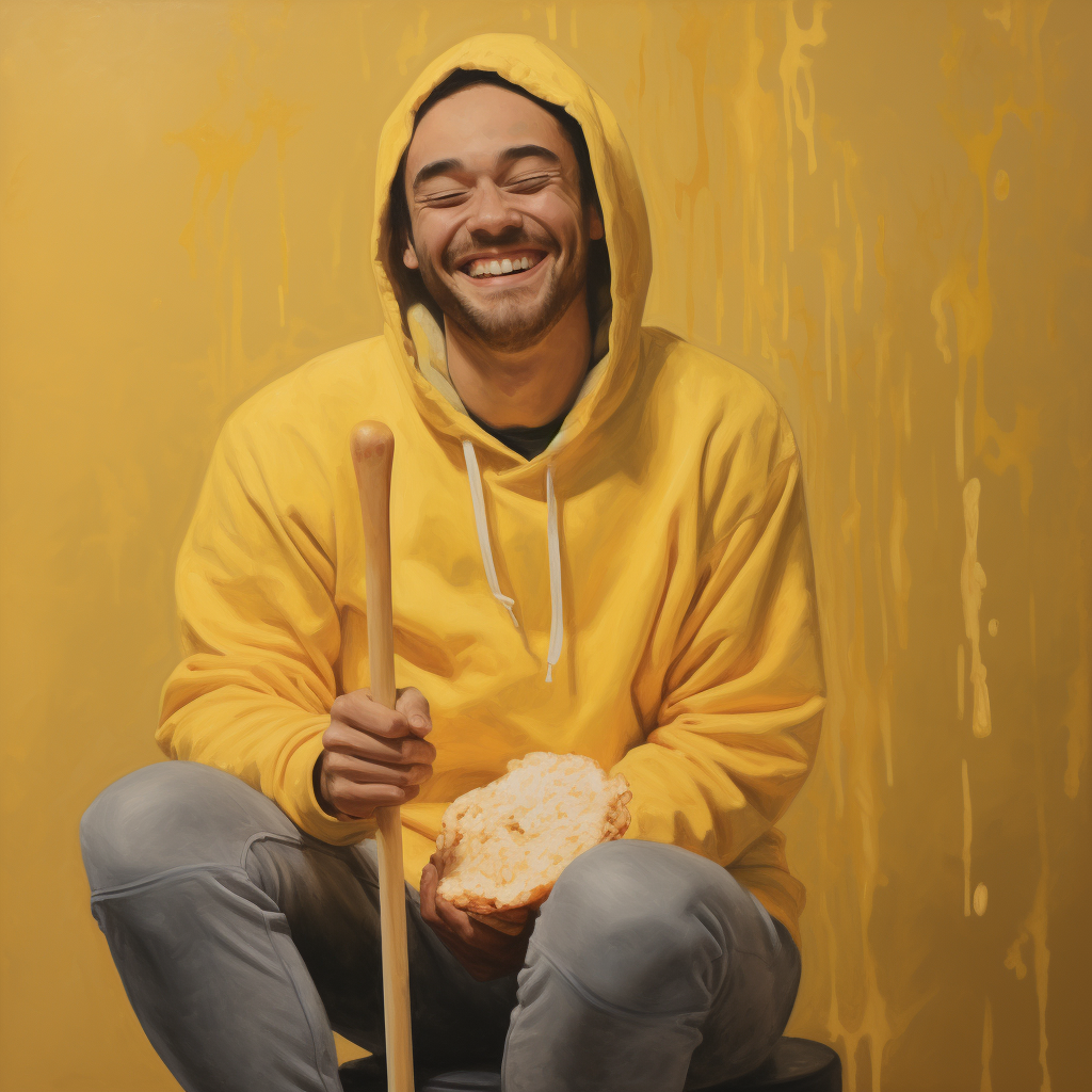 Smiling man snuggling giant melting butter stick