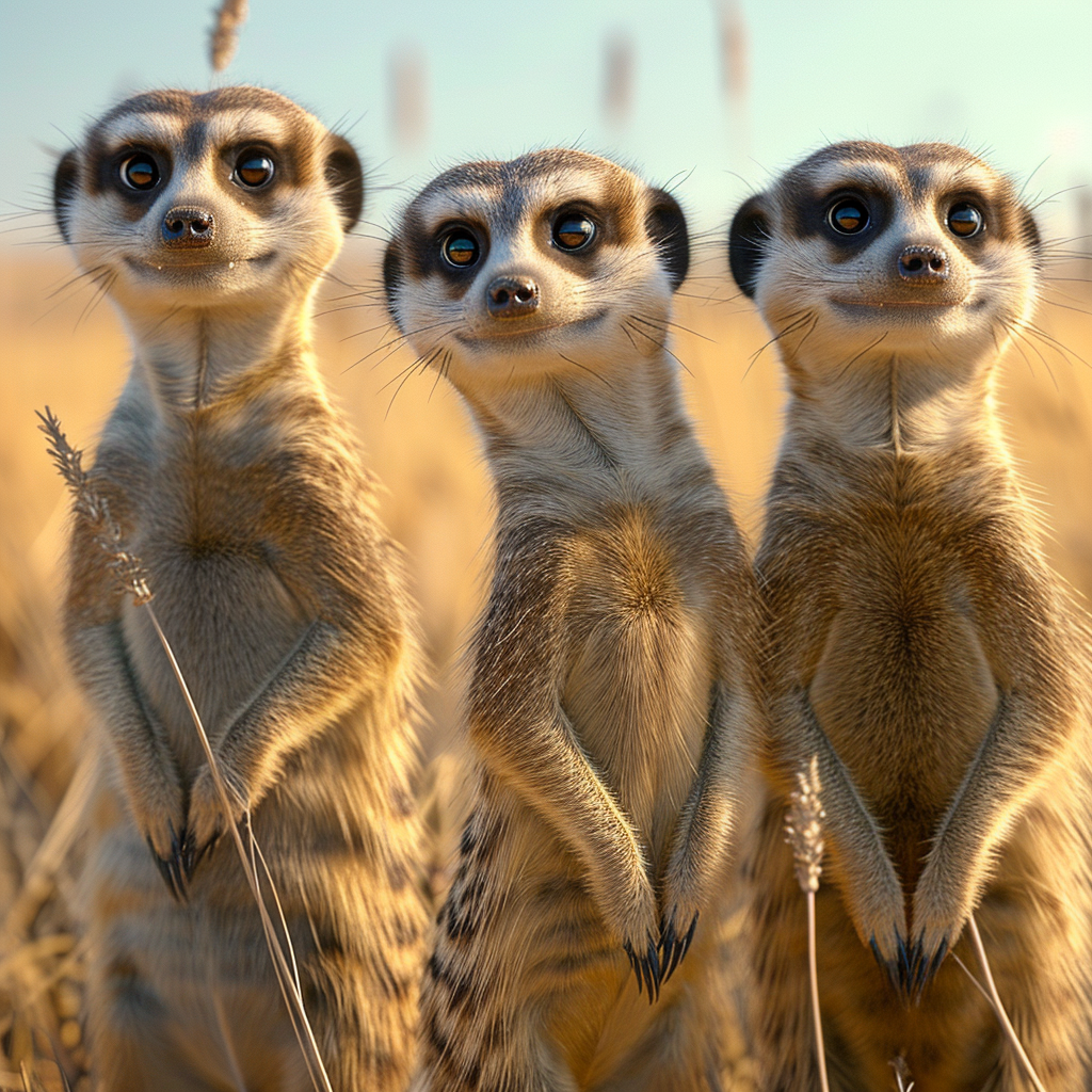 Happy meerkats in grasslands Disney style