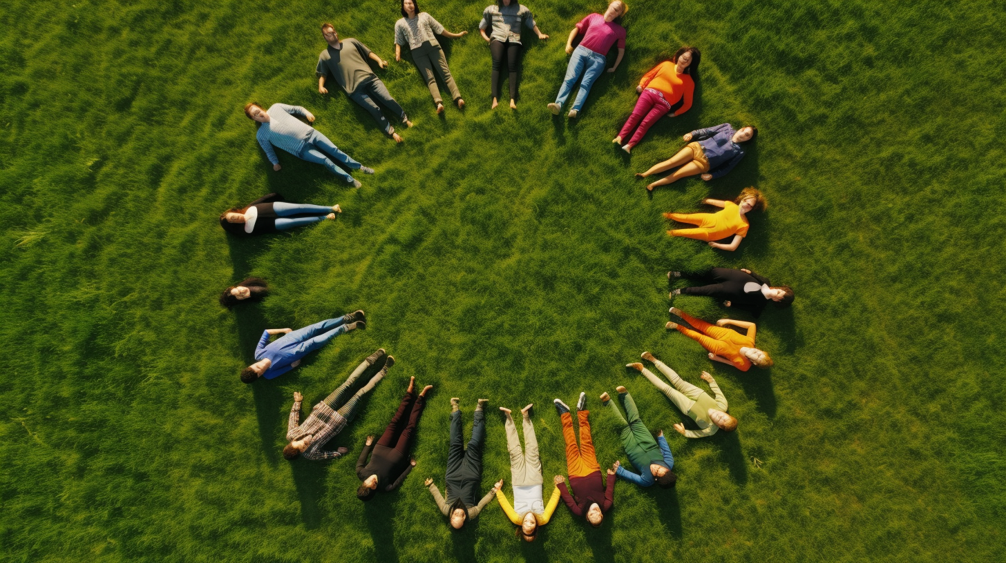 Artistic drawing of happy men in a circle on grass