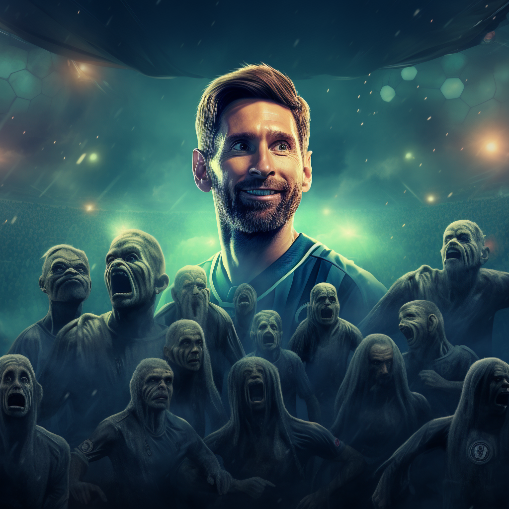 Happy Messi posing with aliens