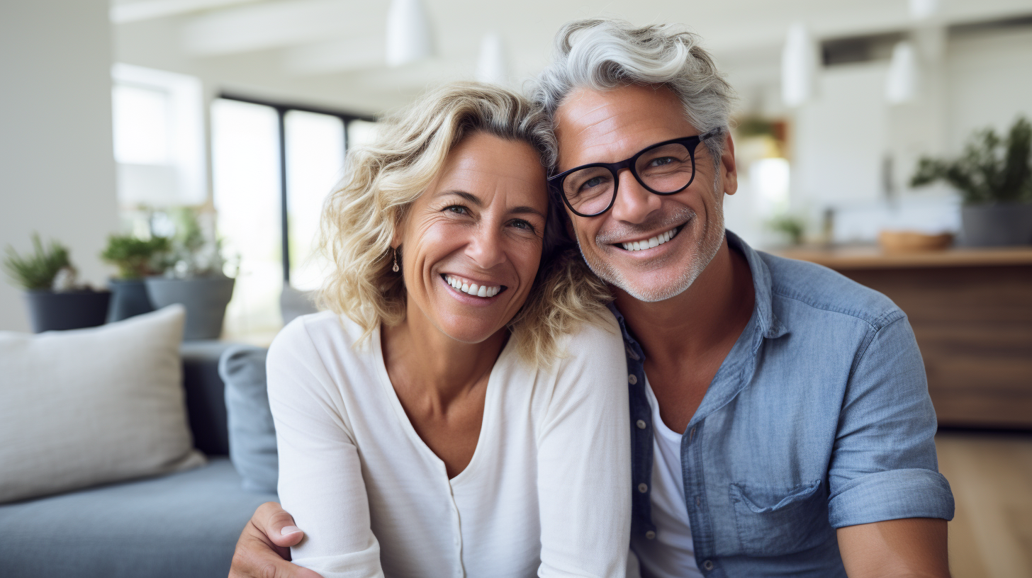 Smiling middle age couple enjoying their living room