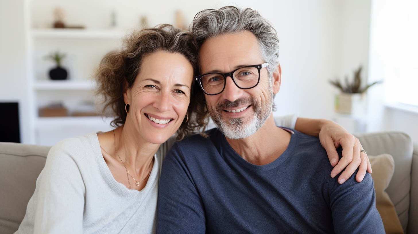 Happy middle age couple sitting in living room