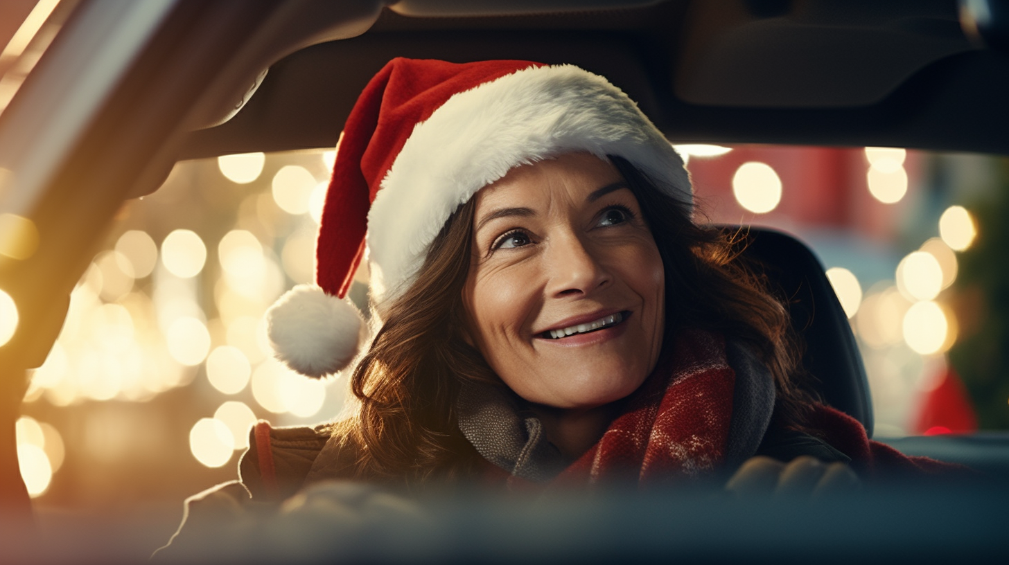 Happy woman driving car with Santa hat