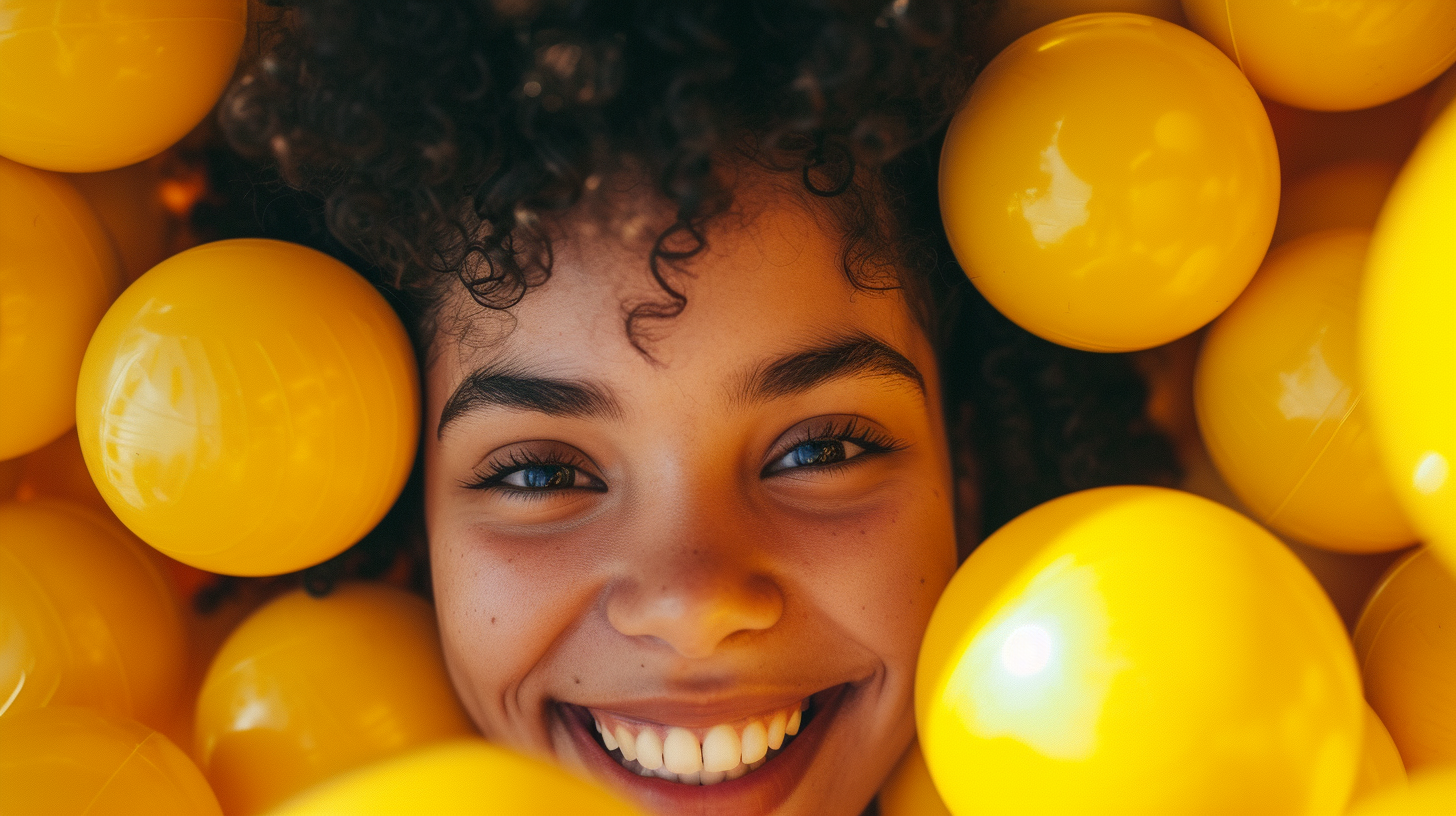 Happy mixed race woman in yellow ballpit