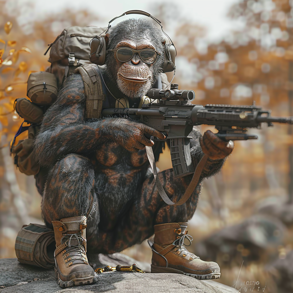 Happy monkey on boulder with rifle