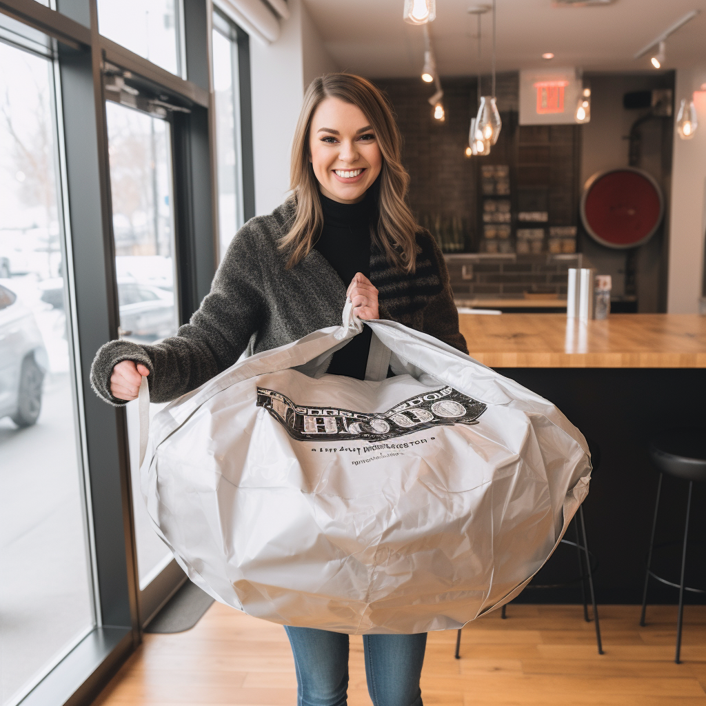 Happy woman holding a giant takeout bag at Superbowl party