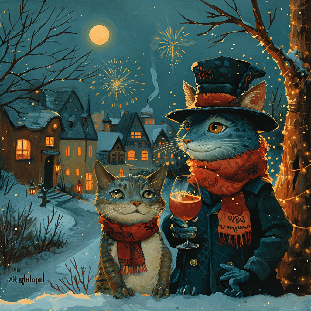 Blue lizard and cat celebrate New Year