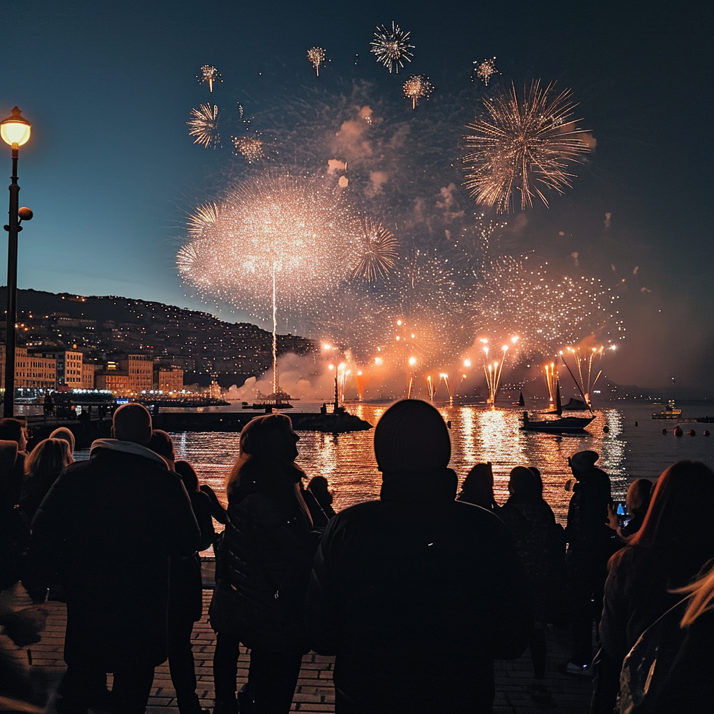 People enjoying fireworks over Genoa's evening celebration