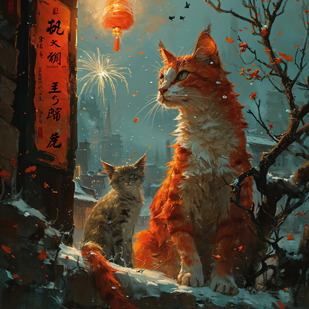 Festive New Year Postcard with Chinese Dragon and Grey Cat