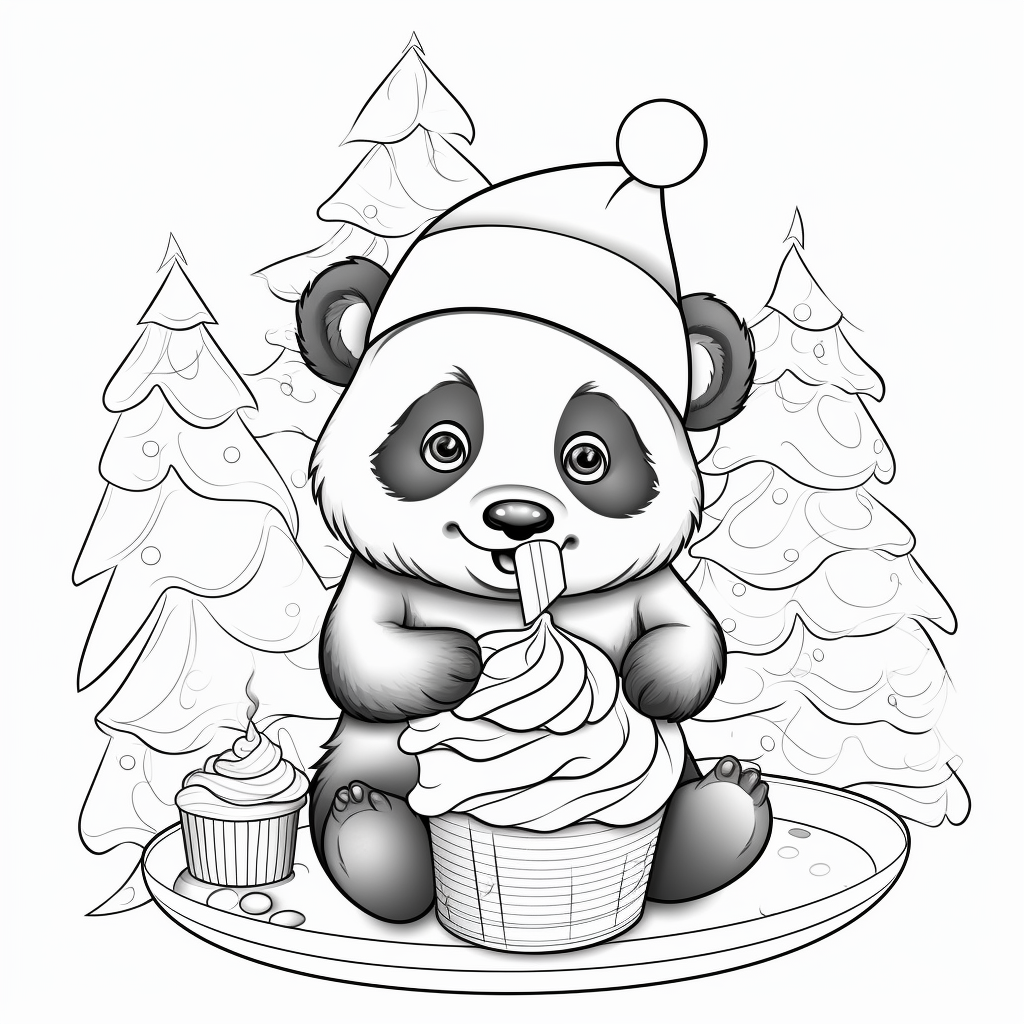 Happy panda wearing Christmas hat eating cake in kitchen