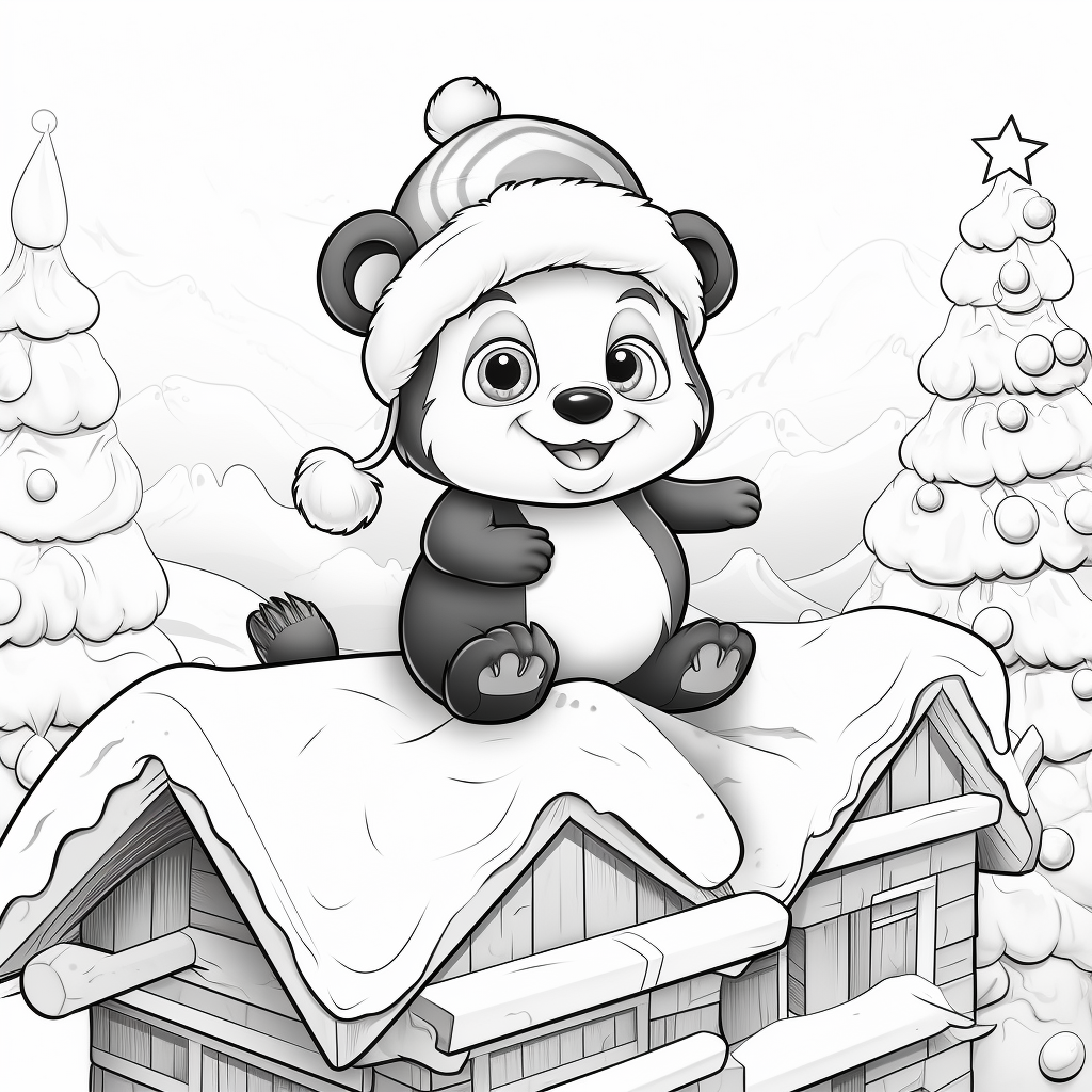 Happy panda wearing Christmas hat climbing roof