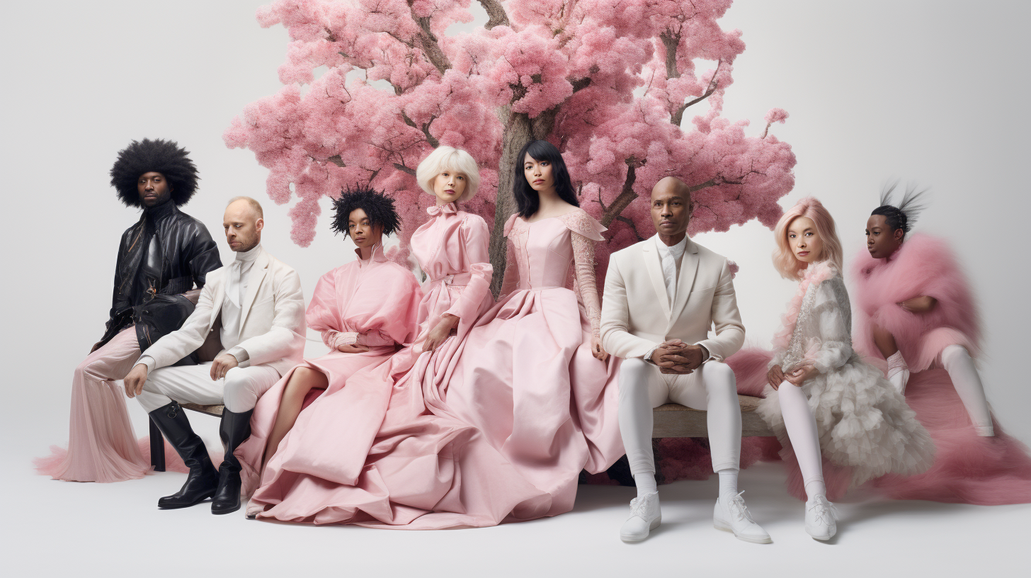 Group of Happy People in Pink, Grey, Black and White