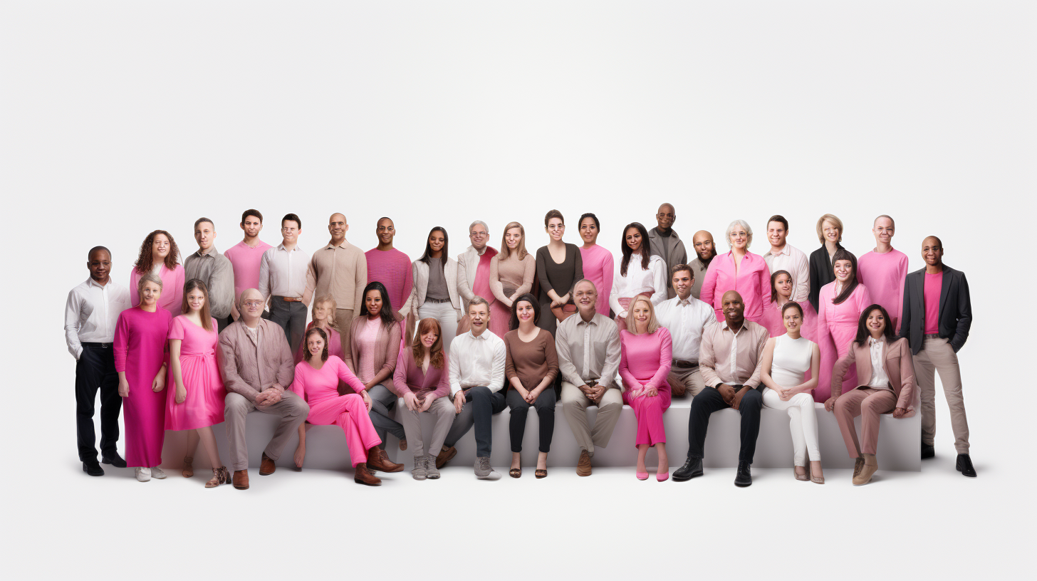 Group of Happy People in Pink, Grey, White Clothing