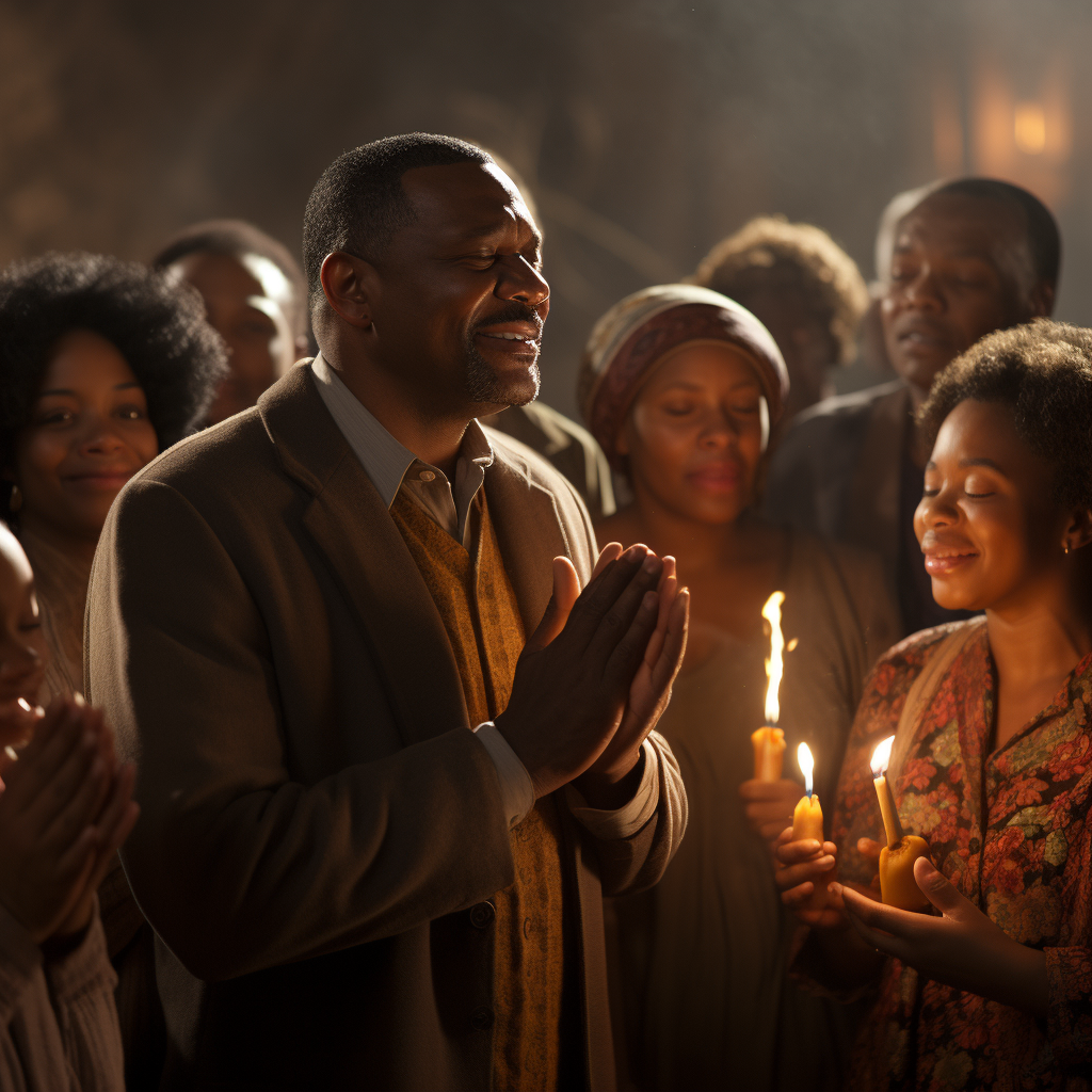 Happy people praying in movie still