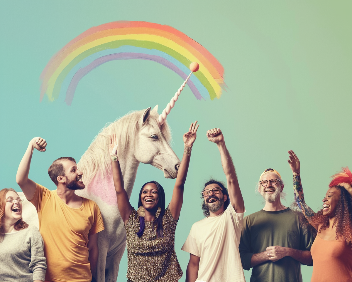 Happy people holding hands rainbow unicorn