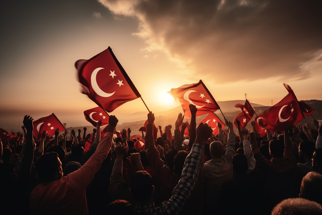 Happy people waving Turkish flags in a cinematic image