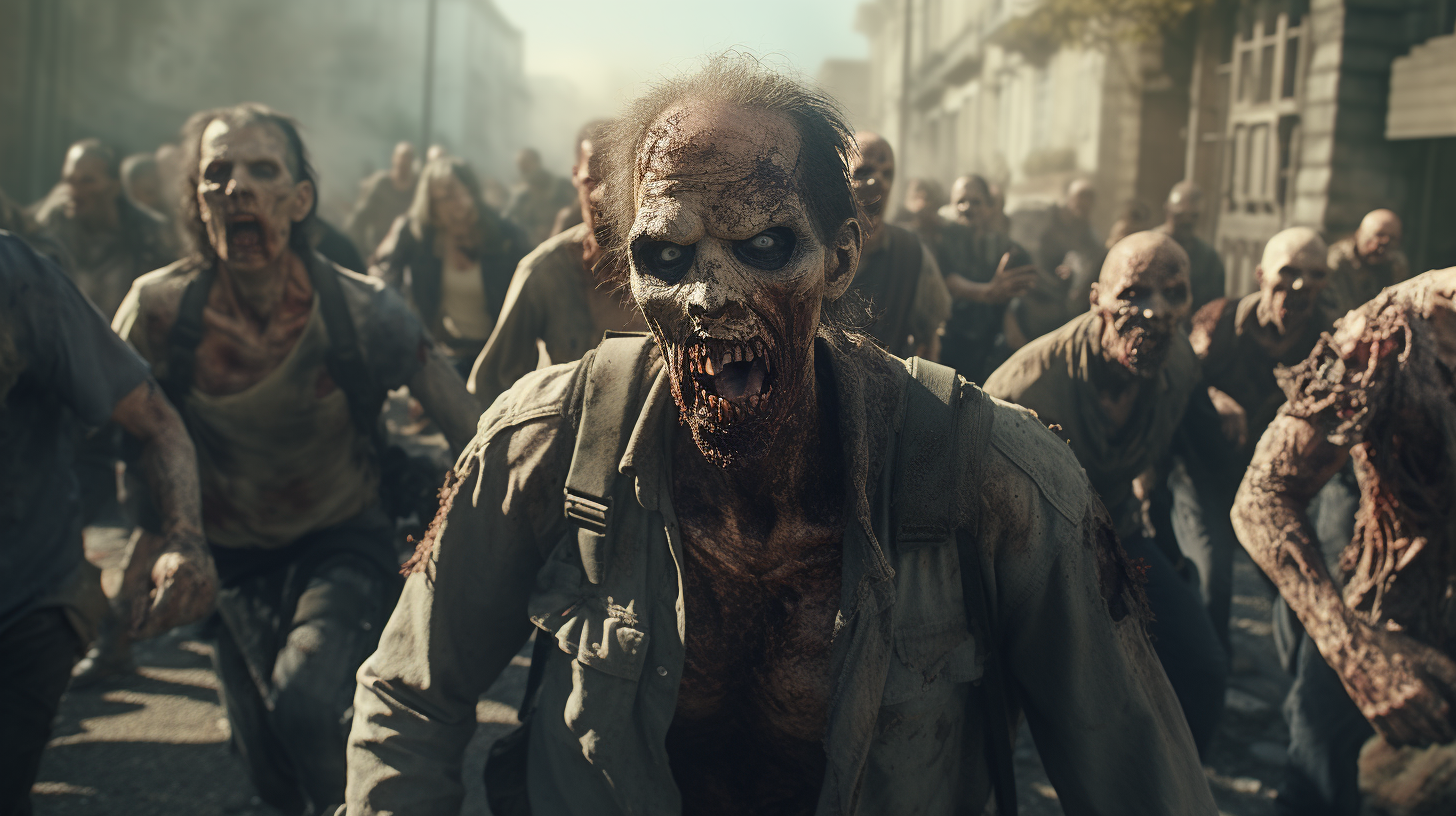 Happy people walking through zombie apocalypse