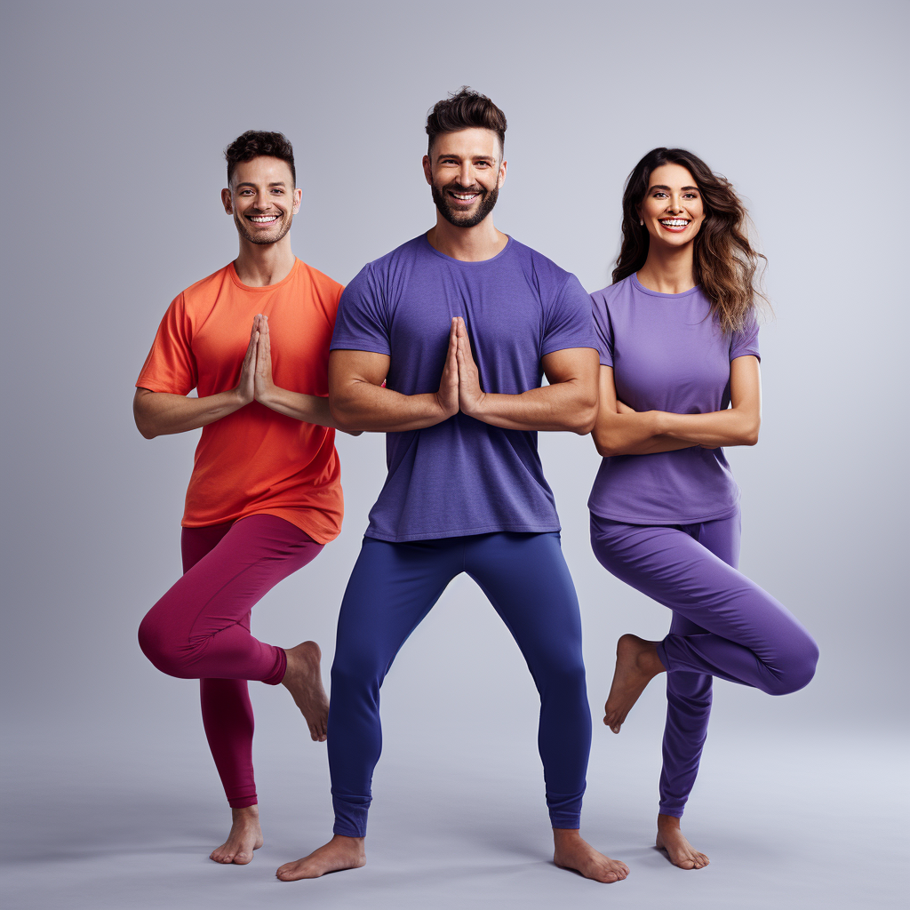 Group of 3 Happy People Doing Yoga