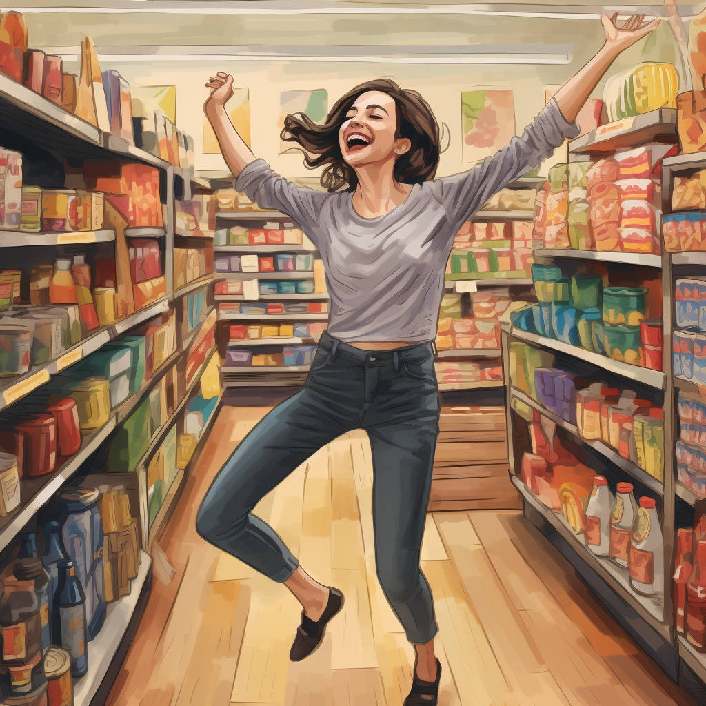 Happy person dancing in grocery store