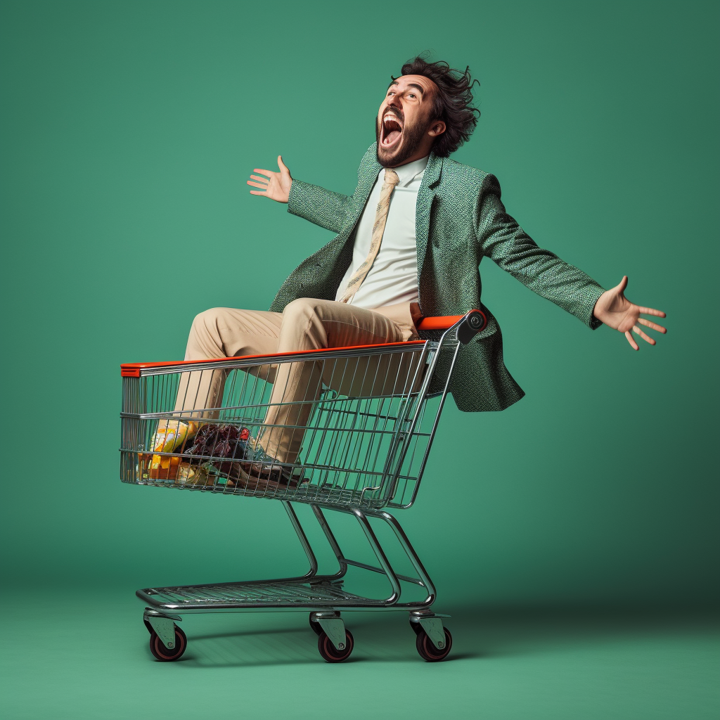 Happy person dancing with a grocery cart