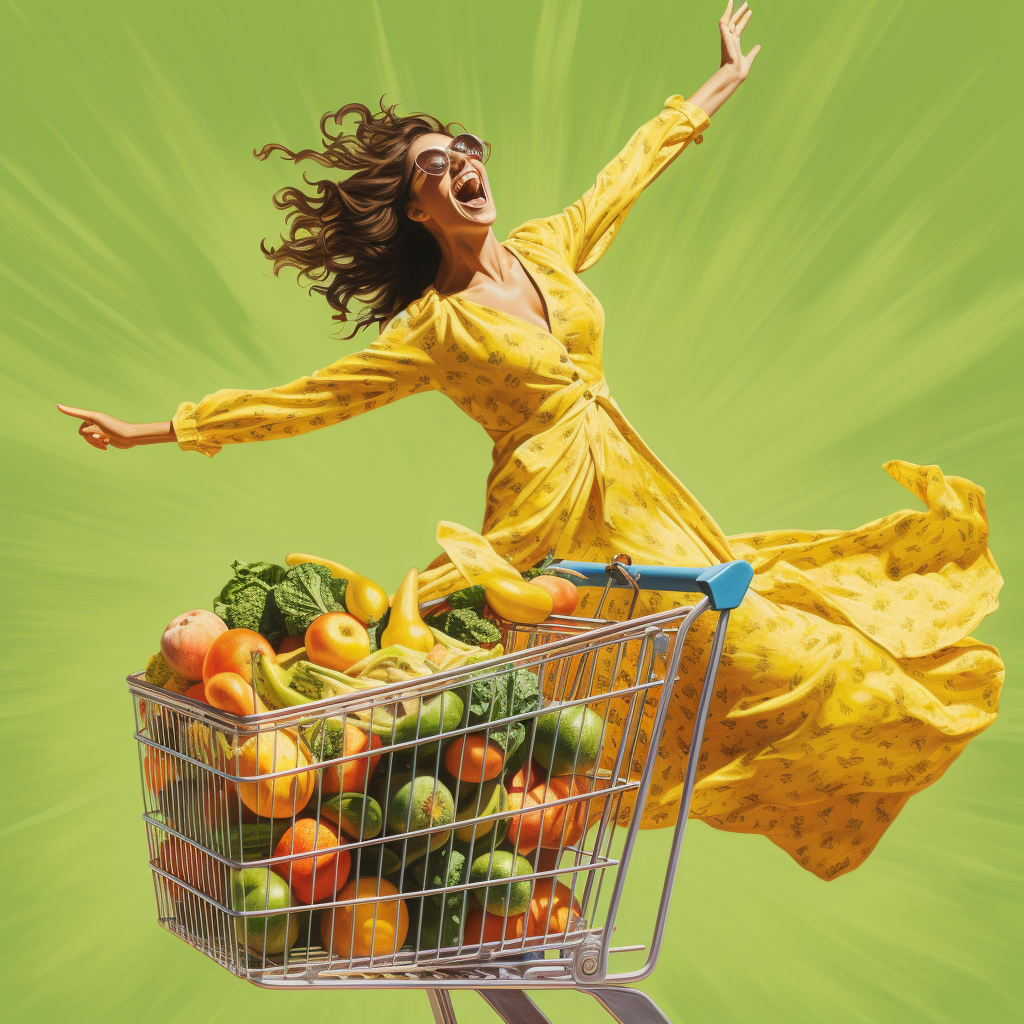 Happy person dancing with grocery cart