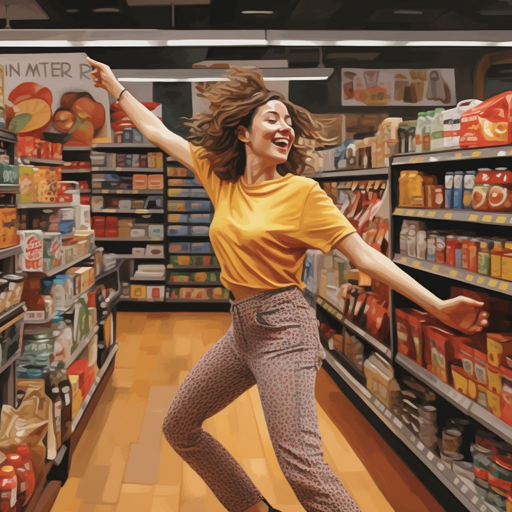 Happy person dancing in grocery store