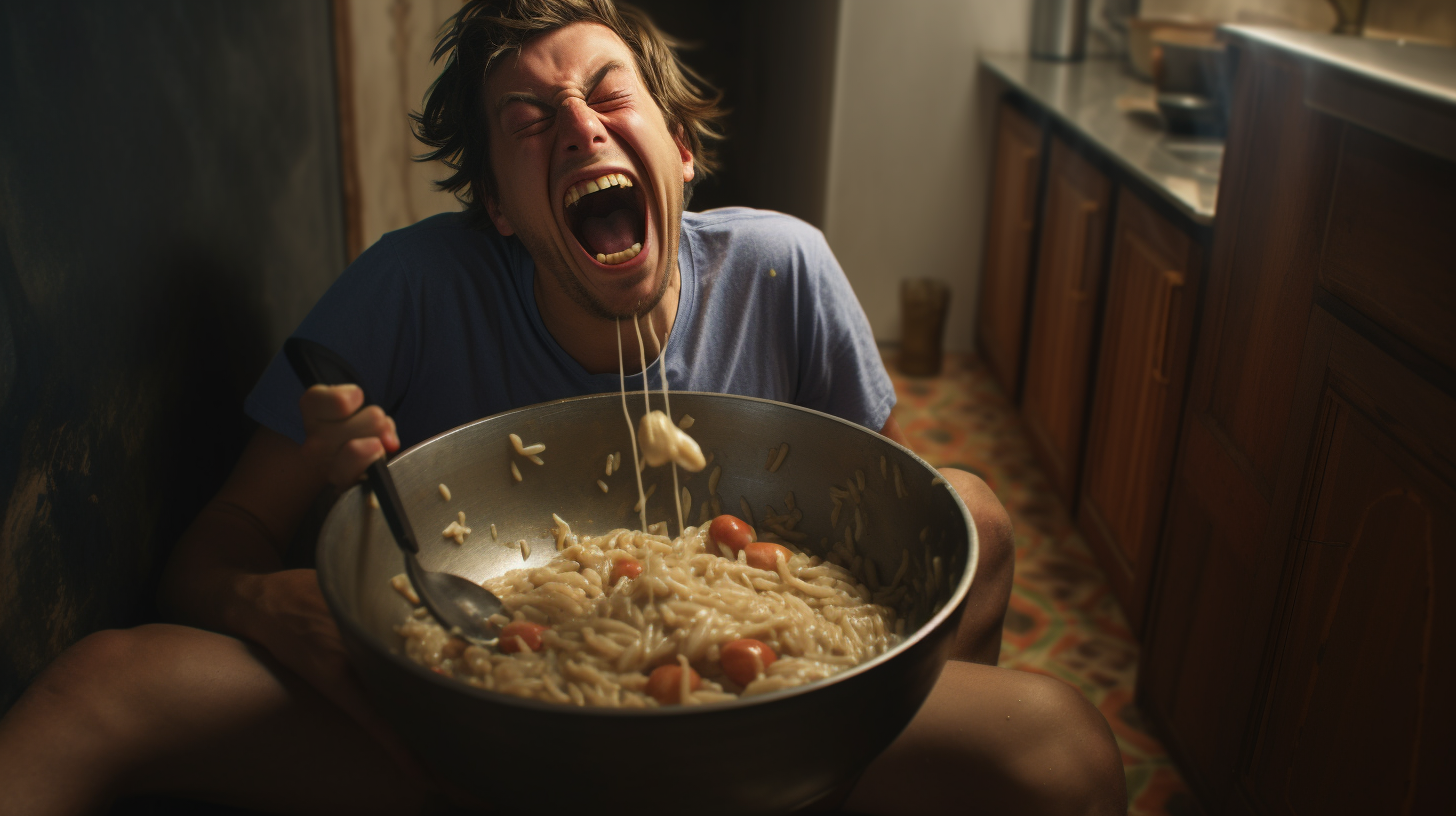 Smiling person enjoying meal from a large bowl